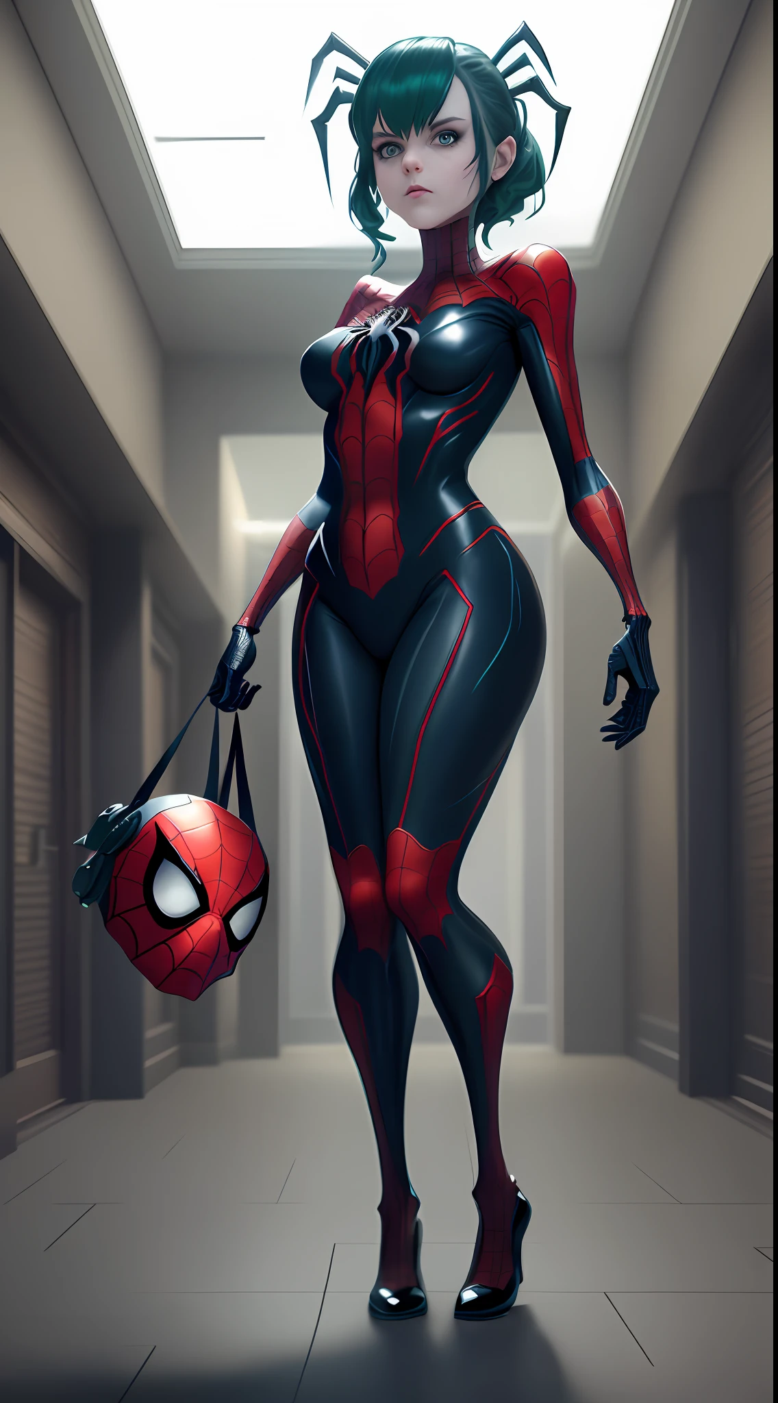 Create an image with 64k resolution, Unreal Engine 5, SpiderMan style, Super Metroid style, full body image of a zombie skeleton woman, cosplaying Spider-Man in black costume with white parts, looking at the viewer, green eyes, blue hair, holding a suitcase, in a haunted hotel with ghosts,  Put only one character in the image.