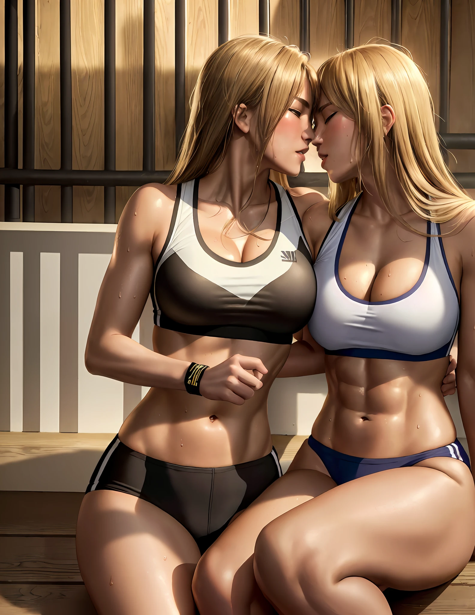 "Masterpiece, high quality, detailed, high resolution, 4k, 8k, realistic skin texture, amazing shadows, perfect lighting, hyper-realistic." Two Sweaty Women Kissing (Strong, Toned ABS, Blond and Brunette) Yuri, Ecchi, In a Backalley, Loose Gym Clothes
