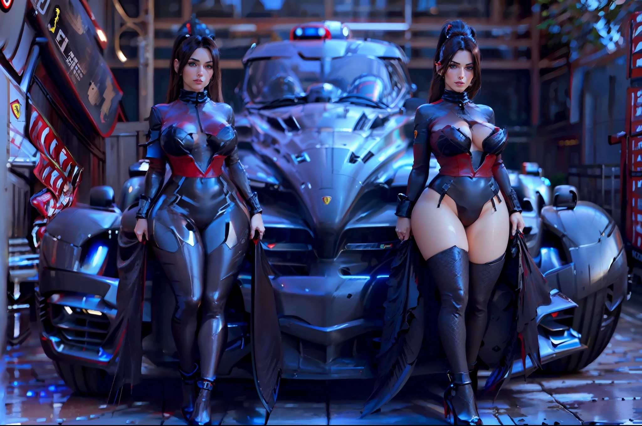 A single woman, ((standing behind a Ferrari formula one car)), standing with legs apart, high heels, (huge motor:1.1), (red car:1.3), (big wheels:1.1), (big car:1.4), from behind,(realistic:1.5),photorealistic, octane render,hyperrealistic, wide hips,huge thighs, black clothes,(photorealistic face:1.2),collar, camel toe( big breasts:1.1),thick eyelashes,long eyelashes,(twin tails:1.1),(brown head:1.1),( black with red clothes:1.3),best quality, cameltoe, streaked hair, half smile, (looking at viewer),sharp focus, (4k),(Masterpiece), (Best Quality), fantasy, extremely detailed, intricate, hyper detailed, (perfect face), illustration,soft lighting,(specular lighting:1.4),blue eyes,absurdly