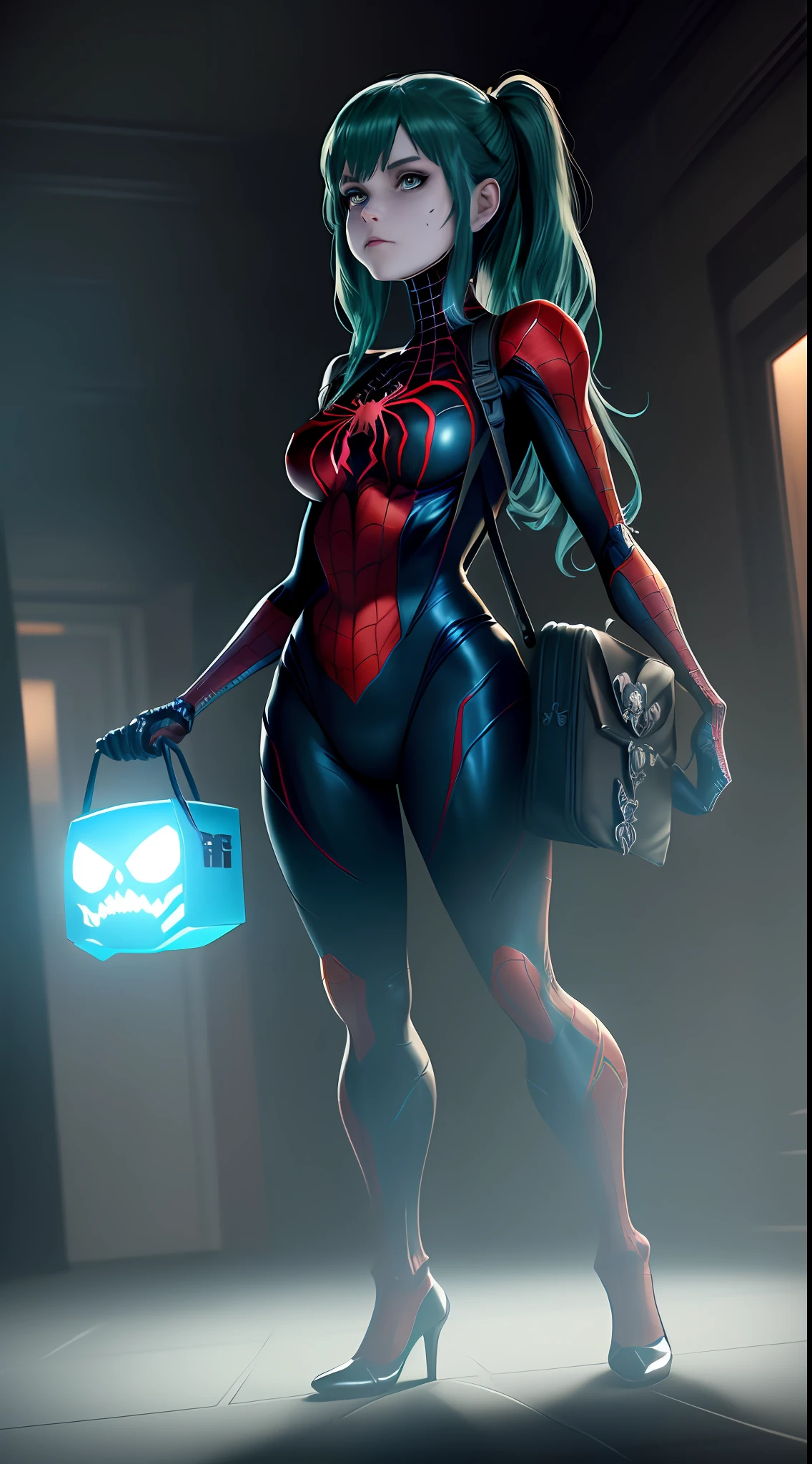 Create an image with 64k resolution, Unreal Engine 5, SpiderMan style, Super Metroid style, full body image of a zombie skeleton woman, cosplaying Spider-Man in black costume with white parts, looking at the viewer, green eyes, blue hair, holding a suitcase, in a haunted hotel with ghosts, Put only one character in the image.