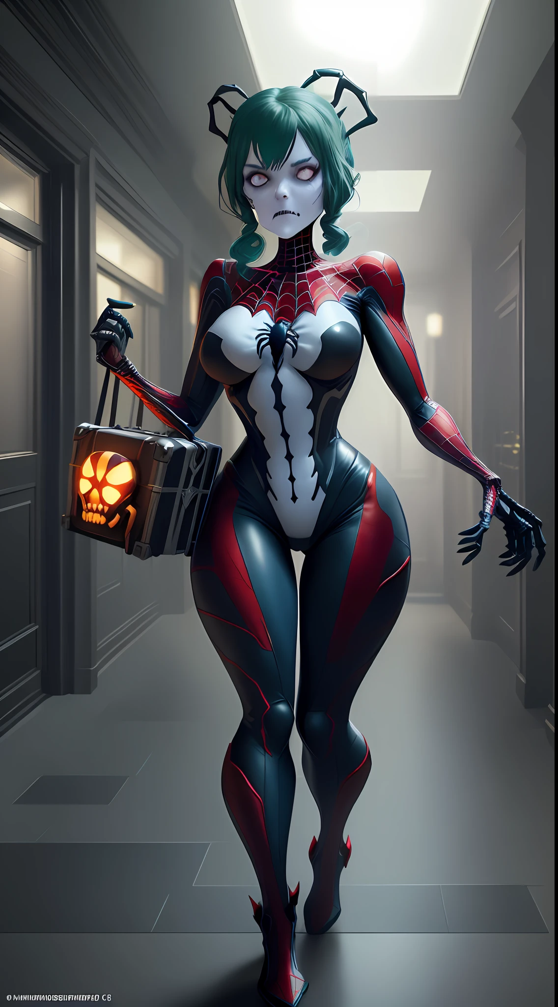Create an image with 64k resolution, Unreal Engine 5, SpiderMan style, Super Metroid style, full body image of a zombie skeleton woman, cosplaying Spider-Man in black costume with white parts, looking at the viewer, green eyes, blue hair, holding a suitcase, in a haunted hotel with ghosts,  Put only one character in the image.