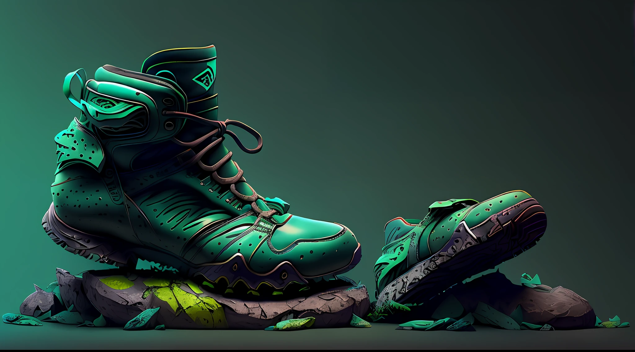 1pair,men's sneakers, modern design, for climbing, right foot ( (footwear for the right foot)), left foot (( shoes for the left foot)), one of the sneakers seen lying down (((one of the sneakers seen lying down))), showing the sole, use colors green,black,blue,scene with good lighting, (realism: 1,5),8k,mountain in the background