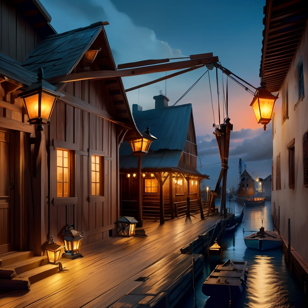 set design (an old tavern overlooking a primitive port, lamps, wooden boxes and cranes) 8K