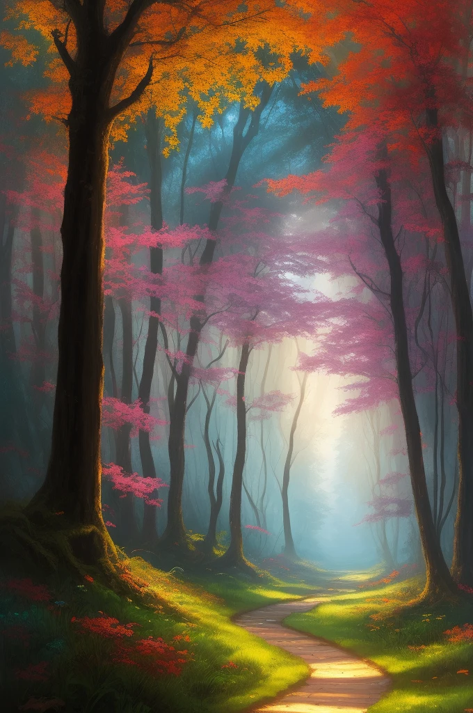 painting of a path in a forest with a path leading through it, dark forest, fairytale forest, magical fantasy forest, fantasy forest, dark forest, black forest, dark colors and atmosphere, magic forest, forest ray shadow light, marc adamus, really beautiful forest, backround magic forest