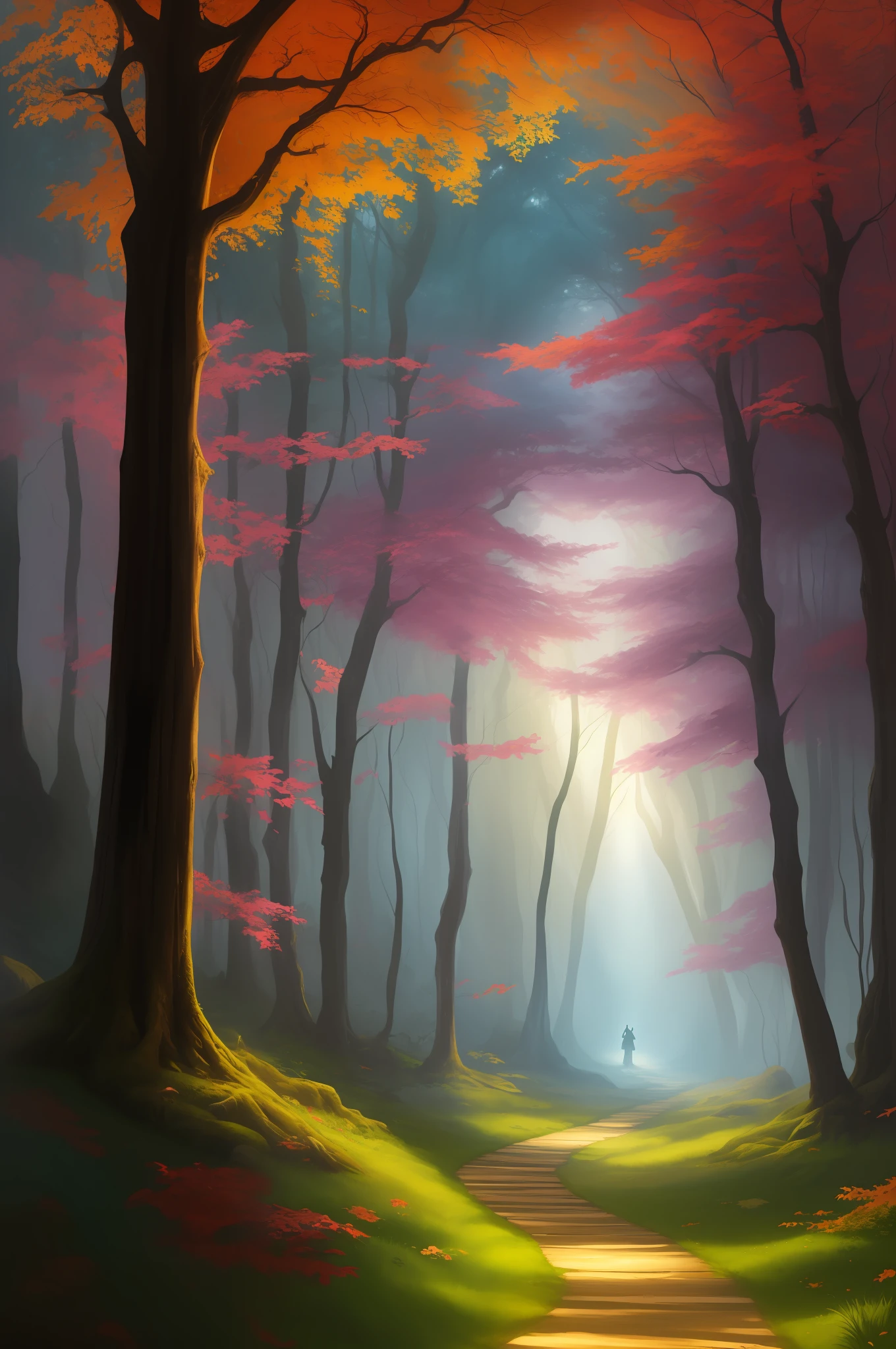 painting of a path in a forest with a path leading through it, dark forest, fairytale forest, magical fantasy forest, fantasy forest, dark forest, black forest, dark colors and atmosphere, magic forest, forest ray shadow light, marc adamus, really beautiful forest, backround magic forest