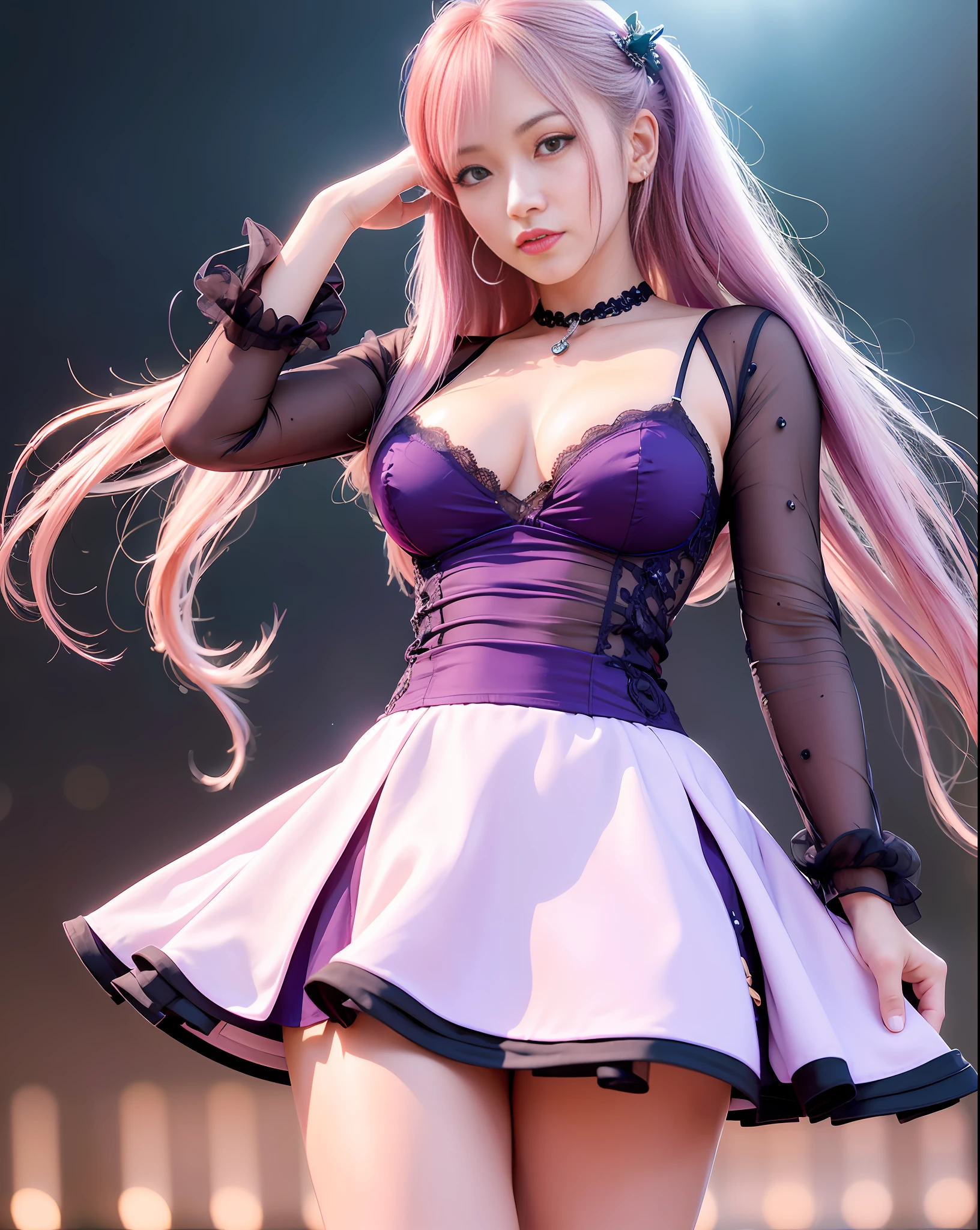(8k, RAW photo, best quality, masterpiece:1.2), (realistic, photo-realistic:1.37),st. louis \(luxurious wheels\) \(azur lane\),1girl,(Kpop idol), (aegyo sal:1),hair ornament, portrait, (dress:1.1), purple ,cute, night, wet, professional lighting, photon mapping, radiosity, physically-based rendering,