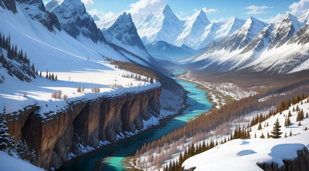 MMORPG scenery, Unreal, valley, forests, rivers and snowy mountains in the background