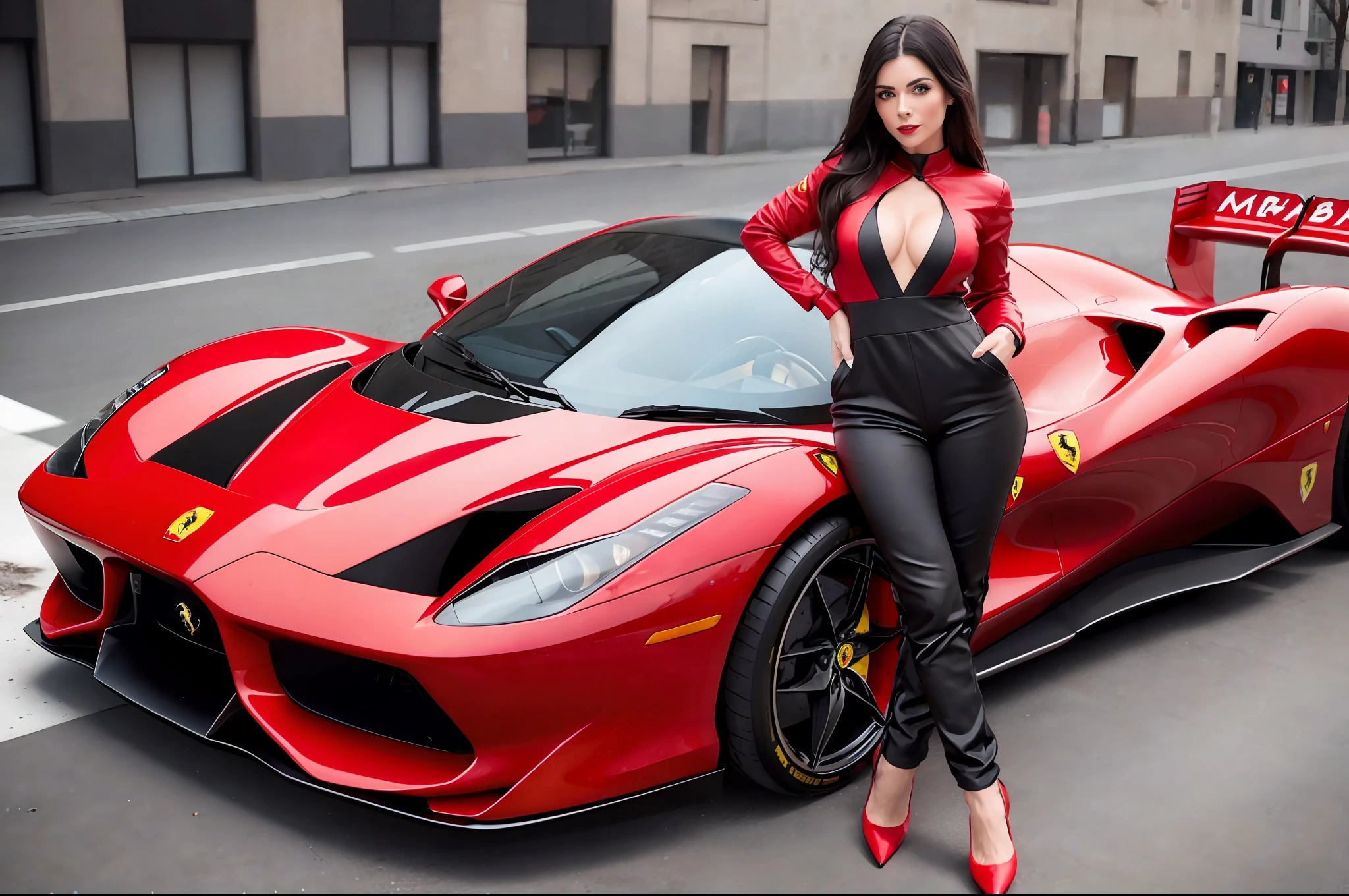 A single woman, ((standing behind a Ferrari formula one car)), standing with legs apart, high heels, (huge motor:1.1), (red car:1.3), (big wheels:1.1), (big car:1.4), from behind,(realistic:1.5),photorealistic, octane render,hyperrealistic, wide hips,huge thighs, black clothes,(photorealistic face:1.2),collar,(small breasts:1.1),thick eyelashes,long eyelashes,(twin tails:1.1),(brown head:1.1),( black with red clothes:1.3),best quality, cameltoe, streaked hair, half smile, (looking at viewer),sharp focus, (4k),(Masterpiece), (Best Quality), fantasy, extremely detailed, intricate, hyper detailed, (perfect face), illustration,soft lighting,(specular lighting:1.4),blue eyes,absurdly