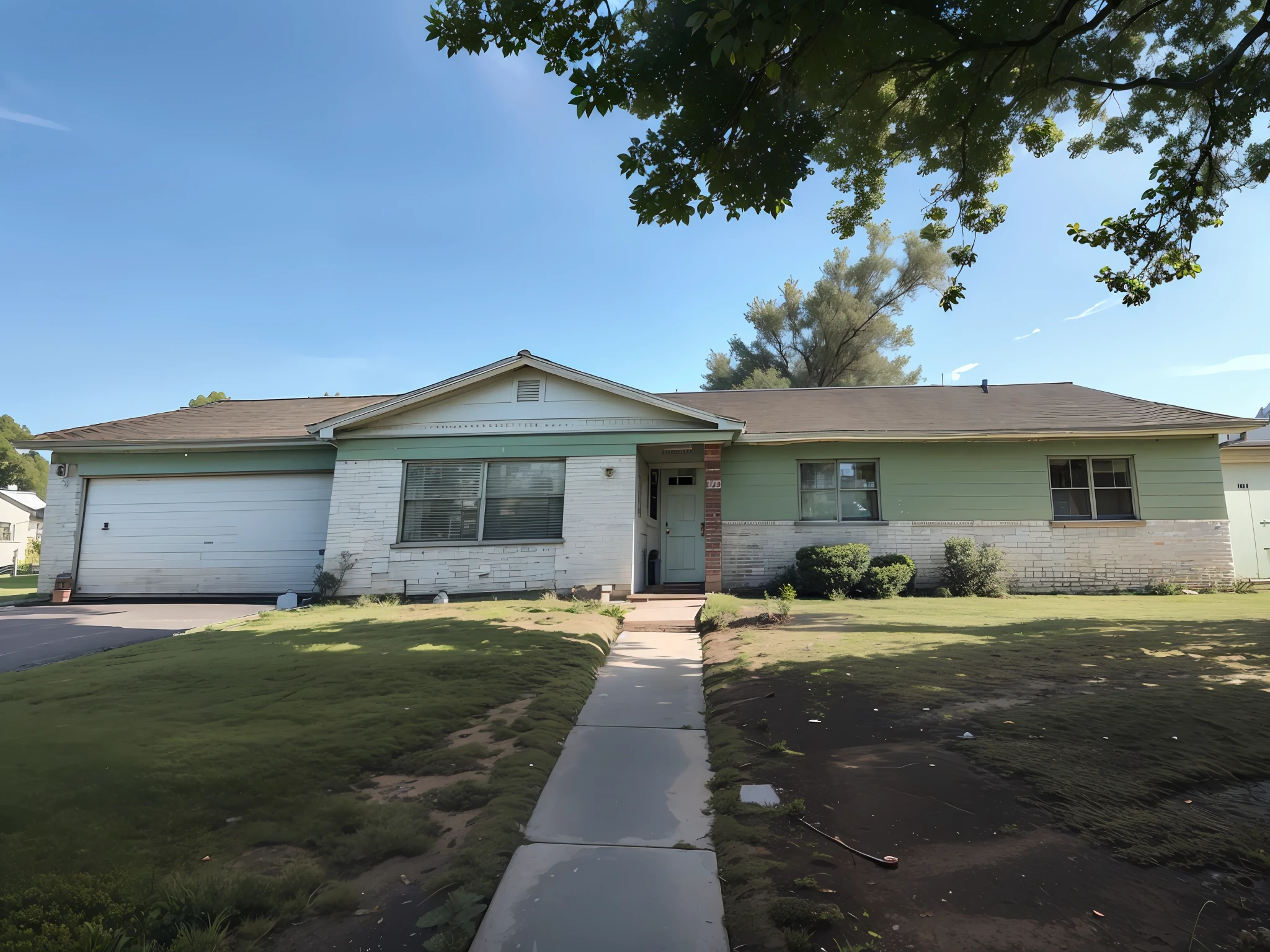 there is a white house with a brown roof and a green door, front photo, 4 0 9 6, residential, front view dramatic, front side, photo from 2022, facing front, looking partly to the left, taken in the early 2020s, front view 2 0 0 0, front view, exterior view