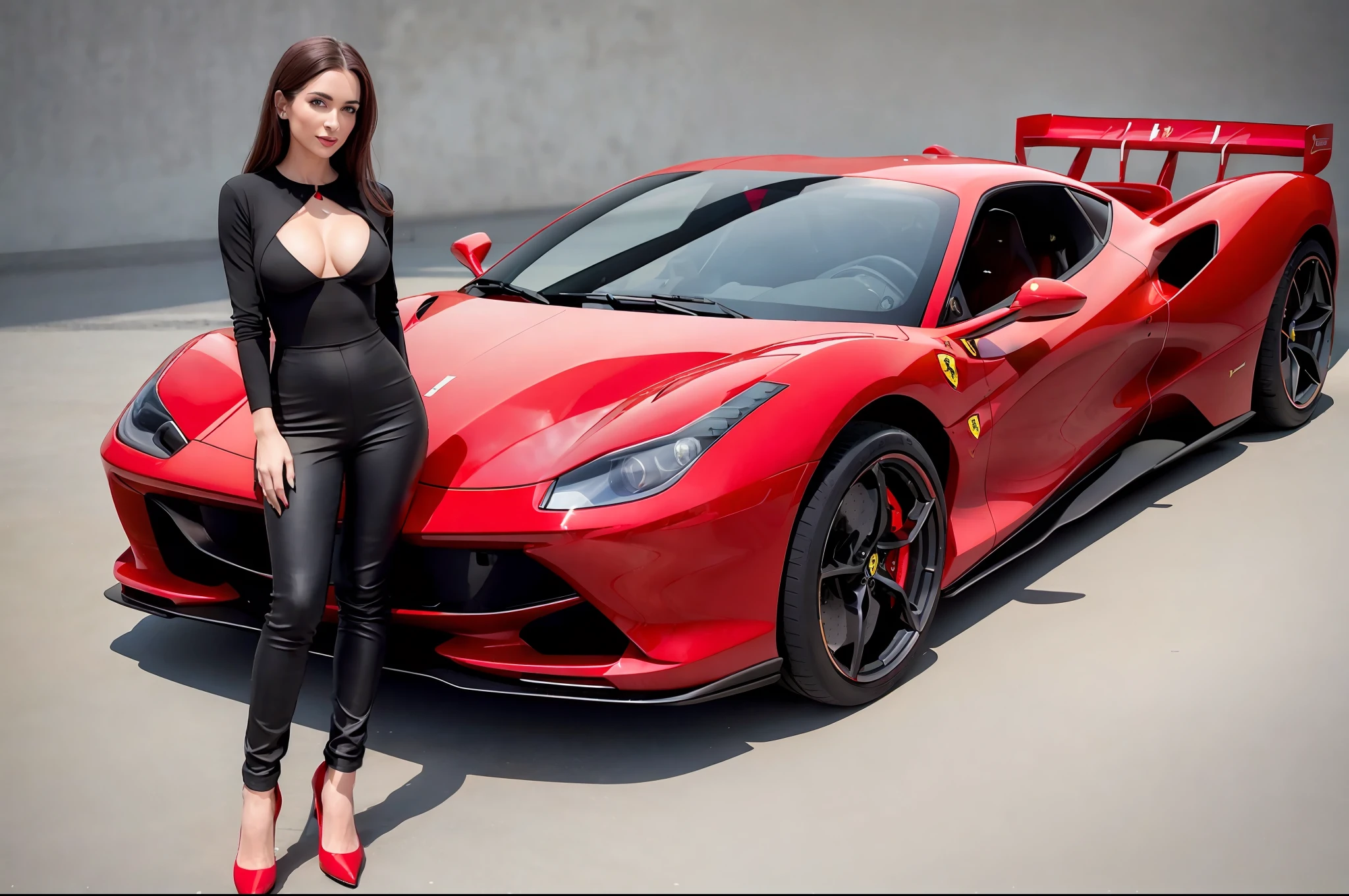 A single woman, ((standing behind a Ferrari formula one car)), standing with legs apart, high heels, (huge motor:1.1), (red car:1.3), (big wheels:1.1), (big car:1.4), from behind,(realistic:1.5),photorealistic, octane render,hyperrealistic, wide hips,huge thighs, black clothes,(photorealistic face:1.2),collar,(small breasts:1.1),thick eyelashes,long eyelashes,(twin tails:1.1),(brown head:1.1),( black with red clothes:1.3),best quality, cameltoe, streaked hair, half smile, (looking at viewer),sharp focus, (4k),(Masterpiece), (Best Quality), fantasy, extremely detailed, intricate, hyper detailed, (perfect face), illustration,soft lighting,(specular lighting:1.4),blue eyes,absurdly