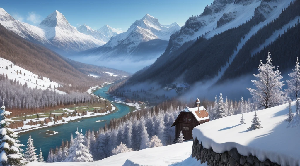 Scenery MMORPG, Unreal, medieval castle, valley, forests, rivers and mountains with snowy top in the background
