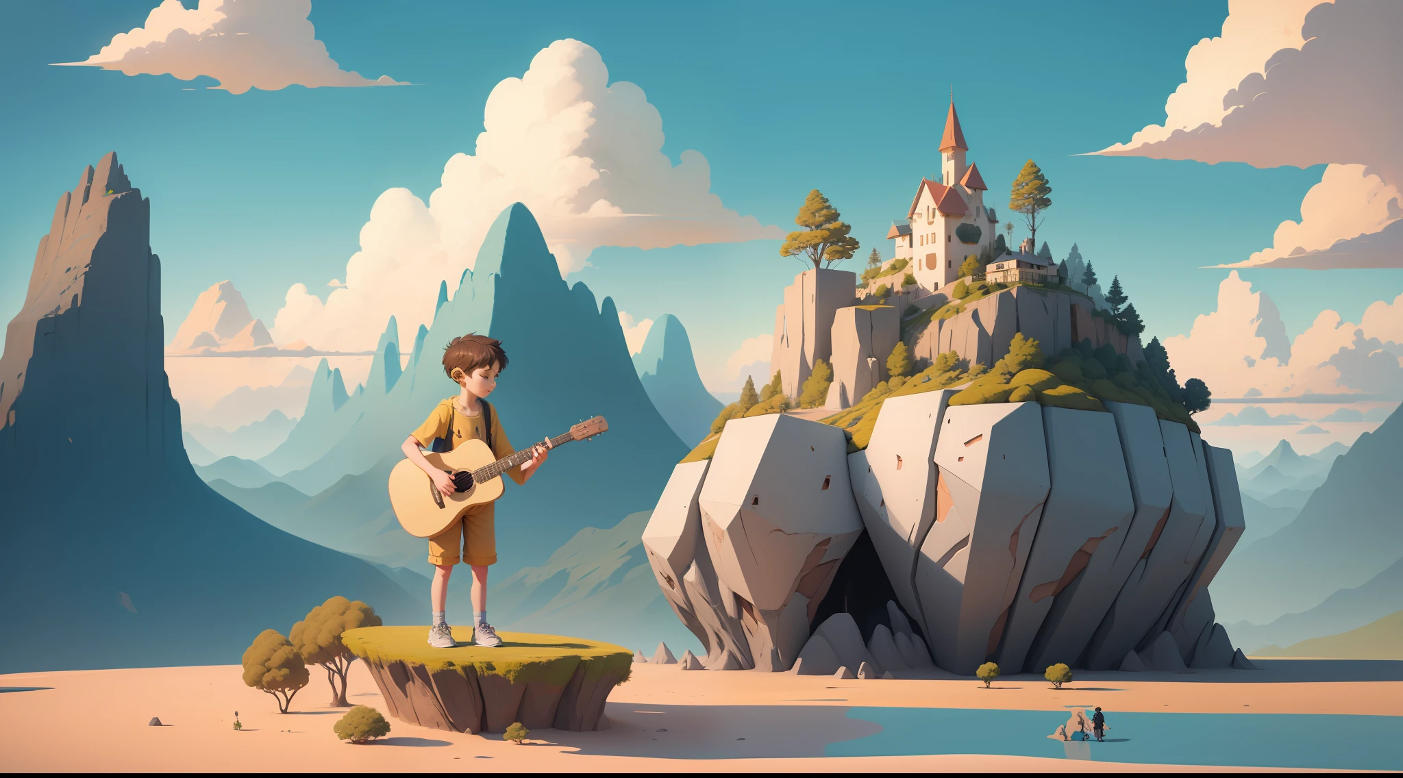 boy with guitar in hand standing having headphone on  in front of a mountain landscape, childrens art in artstation, adorable digital painting, concept art of single boy, cyril rolando and goro fujita, by Goro Fujita, background artwork, artwork in the style of guweiz, guitar concept art, inspired by Goro Fujita, cute detailed digital art 1280w 720h