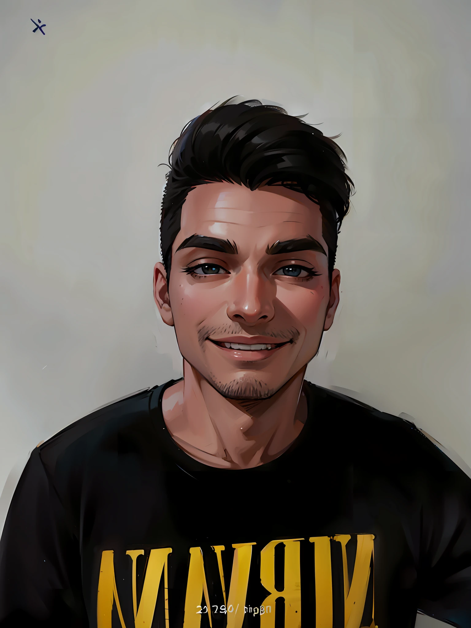 (masterpiece),(best quality:1.0), (ultra highres:1.0), detailed illustration, 8k, 1boy, anime boy, wearing black t-shirt, smiling, detailed face, perfect face, anime eyes, detailed eyes, dark brown eyes, detailed hair, highlights in hair, day time, highly detailed, anime style, vibrant