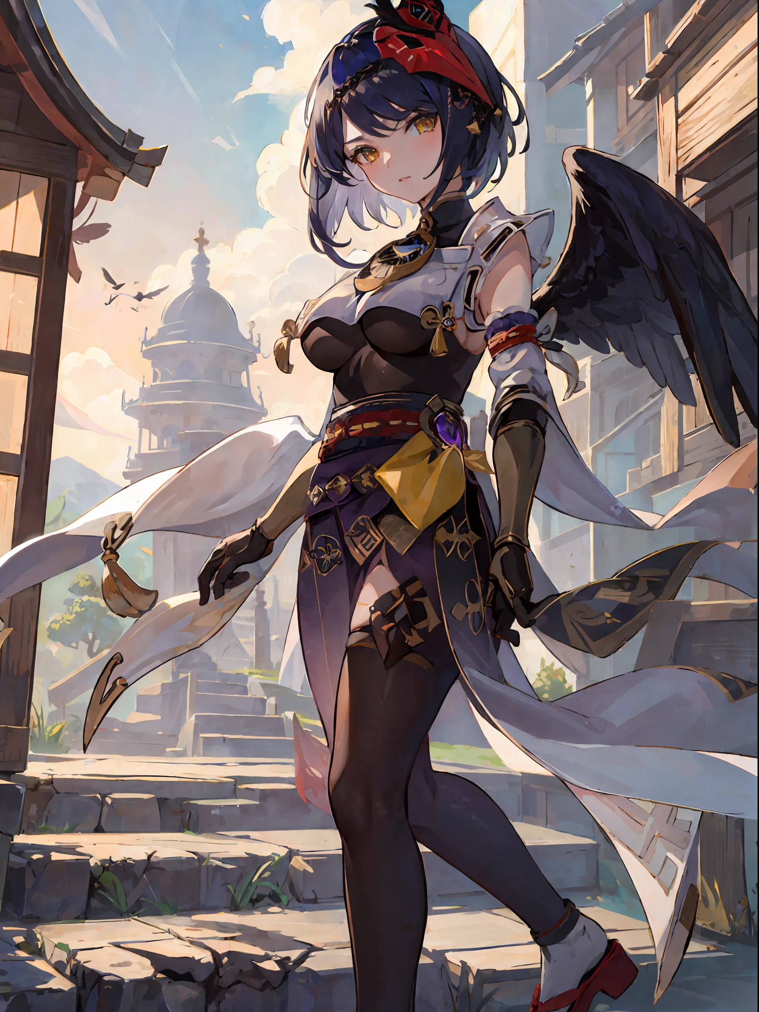 masterpiece, high quality, 1girl, kujousaradef, kujou sara genshin impact, outdoors, day, simple background, blue sky, short hair, sky, temple, looking at viewer, stairs, mountain, moody lighting, facing viewer, anime character with black wings, genshin impact character, genshin impact style, genshin, genshin impact, official character art, underboob, large breasts, thick thighs