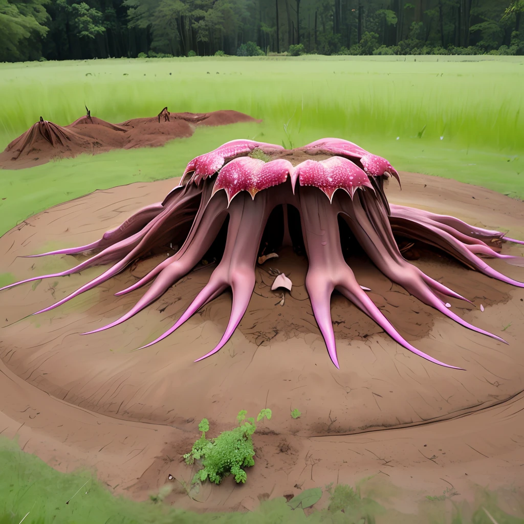 Clathrus archeri covering a large tall pile of soil highlighting a floating purple portal
