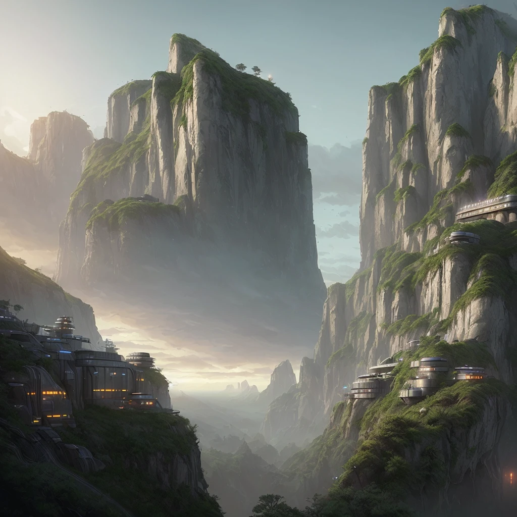 A massive futuristic building built halfway into a cliffside in a sci fi world, dusk, ((road in foreground, moving left to right, perpendicular to POV, cliff is massive with a solid flat cliff face wall, cliff has vegetation growing on top of it)) (((hilly grass in background, cliff is on the left, detailed industrial building in the center))) intricate, elegant, (glowing lights:1.1), night,highly detailed, digital painting, artstation, concept art, (epic realistic:1.1), smooth, sharp focus, illustration, greg rutkowski