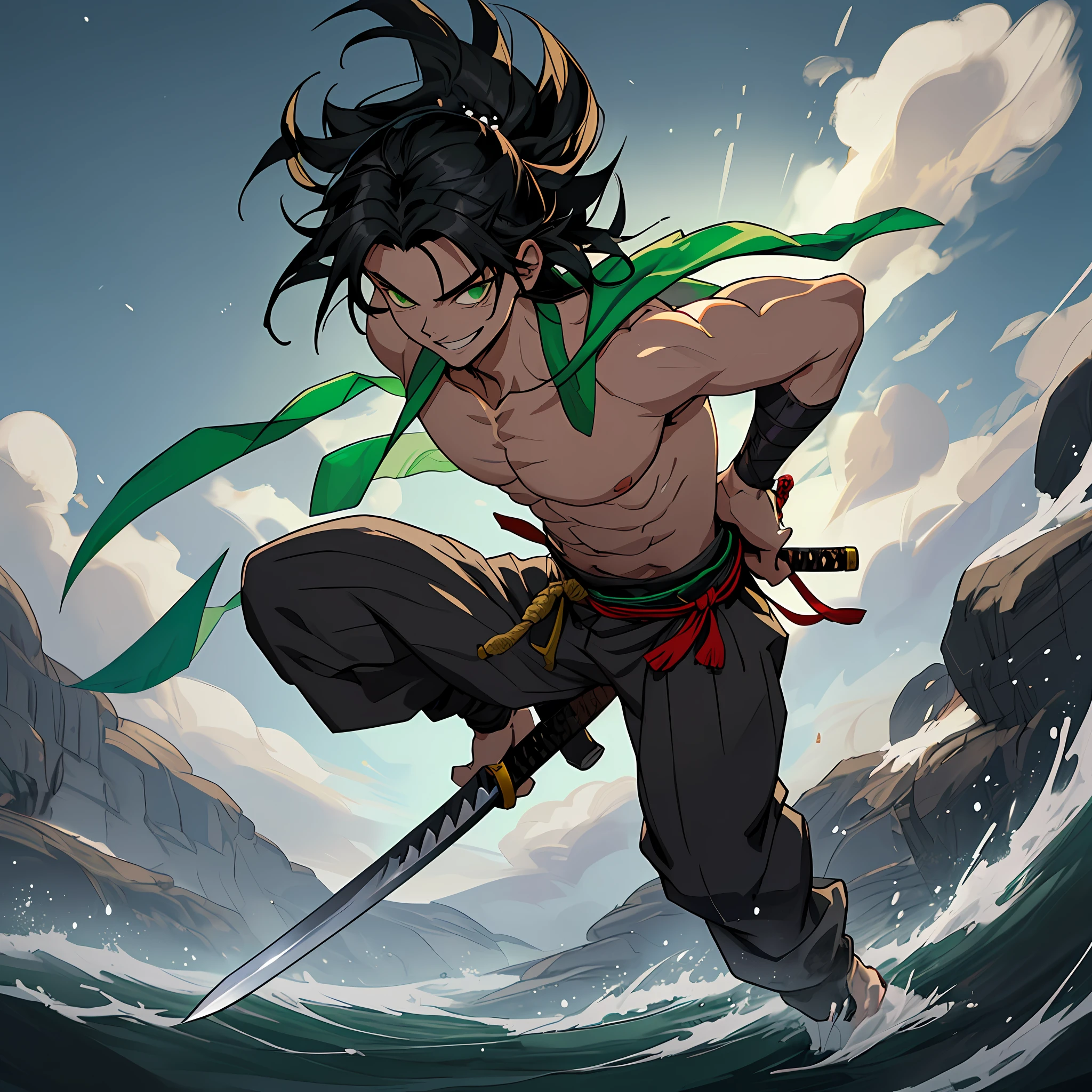 best quality (katana: 1.4), serious,(at night: 1.4), a single 16-year-old who has long black hair that is loose to the winds, and poured down his body, smooth and shiny, which fall gently to his back. Your hair is thick and has a healthy appearance, your hair is large and not stuck, contrasting with your fair skin. The young man's eyes are deep and emerald green, intense as two light pearls. They reflect calm and an inquisitive curiosity. With his upright posture, the young man shows a confident bearing and a cheerful and hyperactive aura. He is shirtless and underneath wears the underside of a white and light green kimono with blue-green accents with printed grey clouds, with a large yellow ribbon at his waist, sleeveless, made of a quality fabric. giving him the look of a swordsman. At his waist, he carries a white katana with gray details on the blade. The long, sharp blade is made of polished steel, reflecting light. The katana grip is wrapped in black leather, offering a firm and secure grip. The scabbard of the sword adorned with demonic symbols. Kimetsu no Yaiba style, alone, 1boy, a little muscular, demon slayer style, loose hair, petulant look, smiling, tall, confident, only 1, hair shed, hair loose and big, demon slayer artstyle, full body