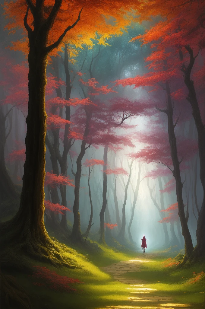 painting of a person walking down a path in a forest, digital fantasy painting, dark, macabre, demonic art, grumpy mist fantasy art, magical fantasy forest, inspired by Christophe Vacher, digital fantasy painting, fantasy landscape painting, oil painting of conceptual art, forest ray light, dreamlike digital painting