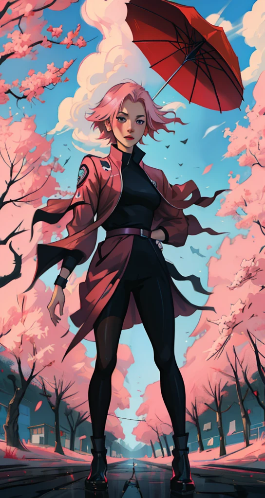Sakura haruno, seductive, ((forehead the show)), attractive, sexy eyes, red coat with akatsuki clouds, pink hair, delicate, young, short hair, detailed face, high definition, full body, from League of Legends, trend in artstation, by rhads, andreas rocha, rossdraws, makoto shinkai, laurie greasley, lois van baarle, ilya kuvshinov and greg rutkowski