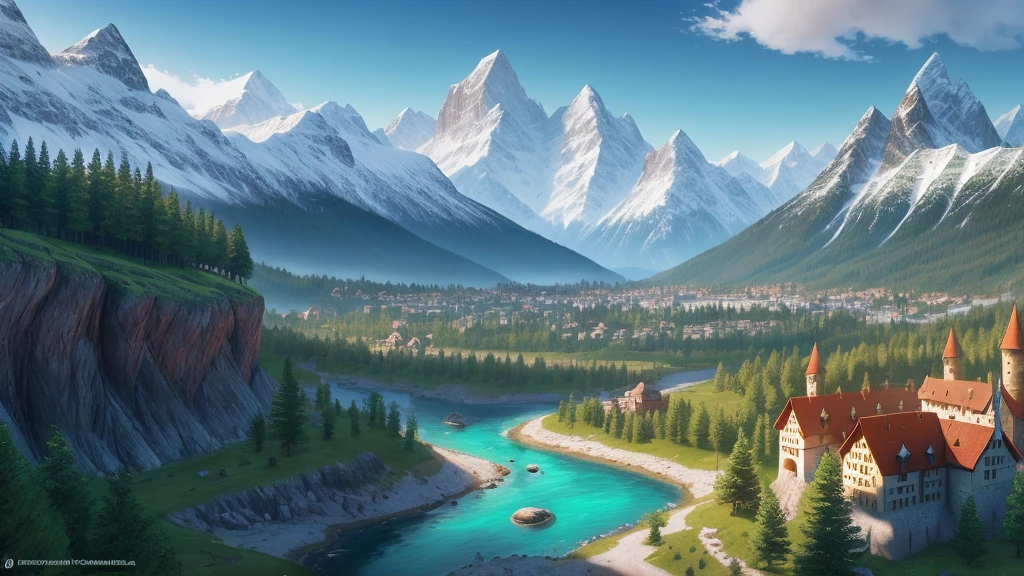 Scenery MMORPG, Unreal, medieval castle, green valley with flowers, pine forests, river with stones and snow-topped mountains in the background