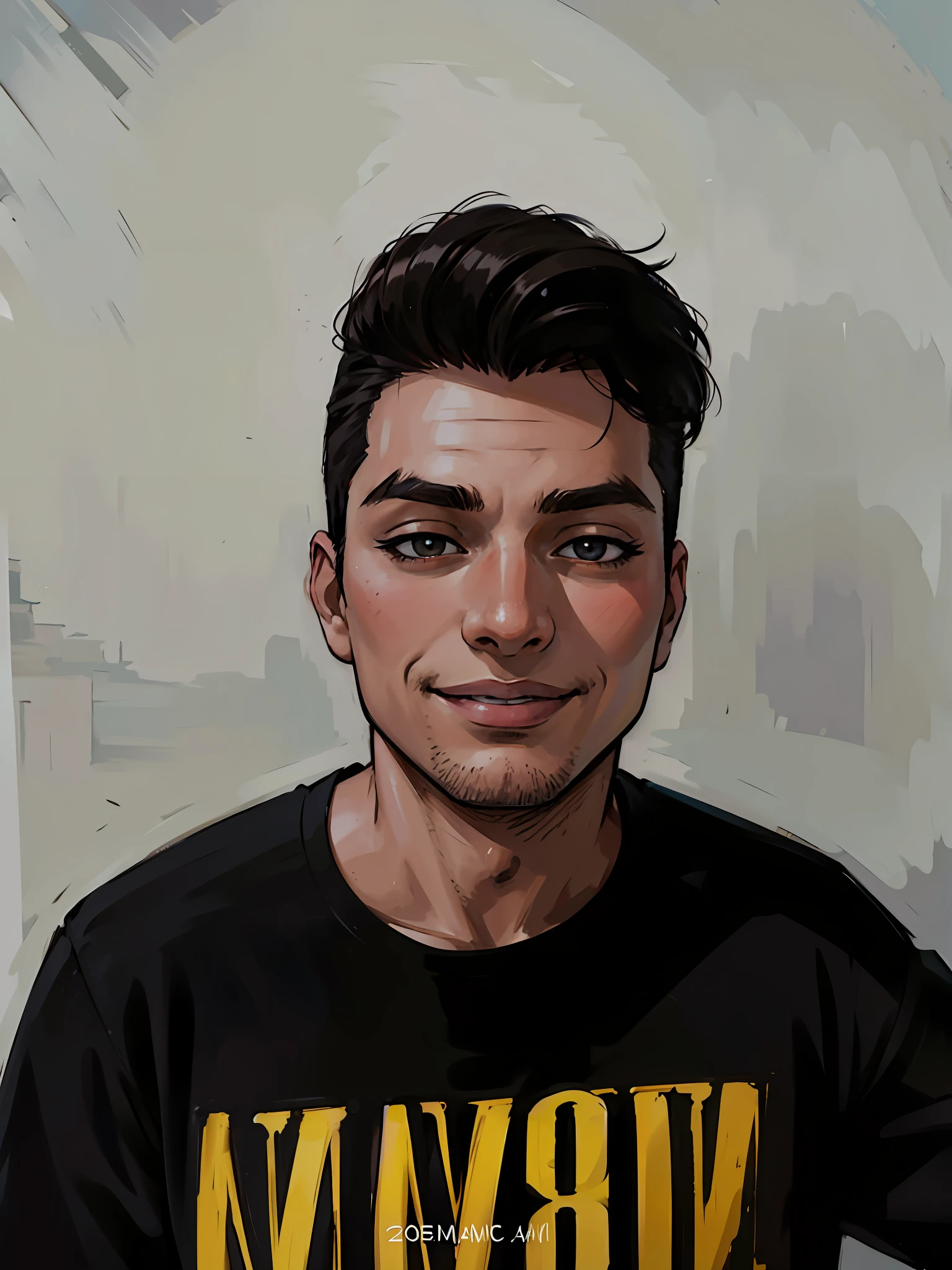 (masterpiece),(best quality:1.0), (ultra highres:1.0), detailed illustration, 8k, 1boy, anime boy, wearing black t-shirt, smiling, detailed face, perfect face, anime eyes, detailed eyes, dark brown eyes, detailed hair, highlights in hair, day time, highly detailed, anime style, vibrant