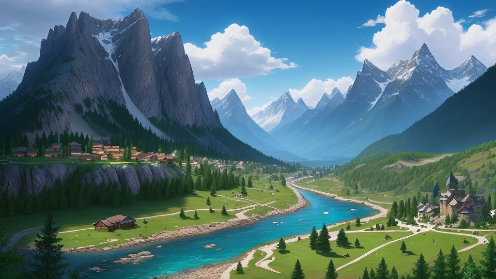 MMORPG scenery, Unreal, medieval stone castle and blue flags, green valley with flowers, pine forests, river with stones and snow-topped mountains in the background