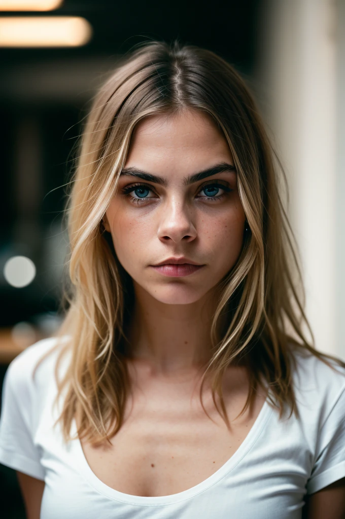 beautiful woman, straight blonde hair, wearing a white t-shirt without print, wearing leather belt, (((front view)), (inside a modern restaurant at night), Cara Delevingne, very detailed, 30 years, natural wave hair, blue eyes, high-res, masterpiece, best quality, intricate details, highly detailed, sharp focus, detailed skin, realistic skin texture, texture, detailed eyes,  professional, 4k, Canon shooting, 85mm, shallow depth of field, kodak color vision, perfect fit body, extremely detailed, photo_\(ultra\), photorealistic, realistic, post-processing, maximum detail, roughness, real life, ultra realistic, photorealism, photography, 8k uhd, photography (grain of film) medium shot for closeup shot atmospheric dark lighting