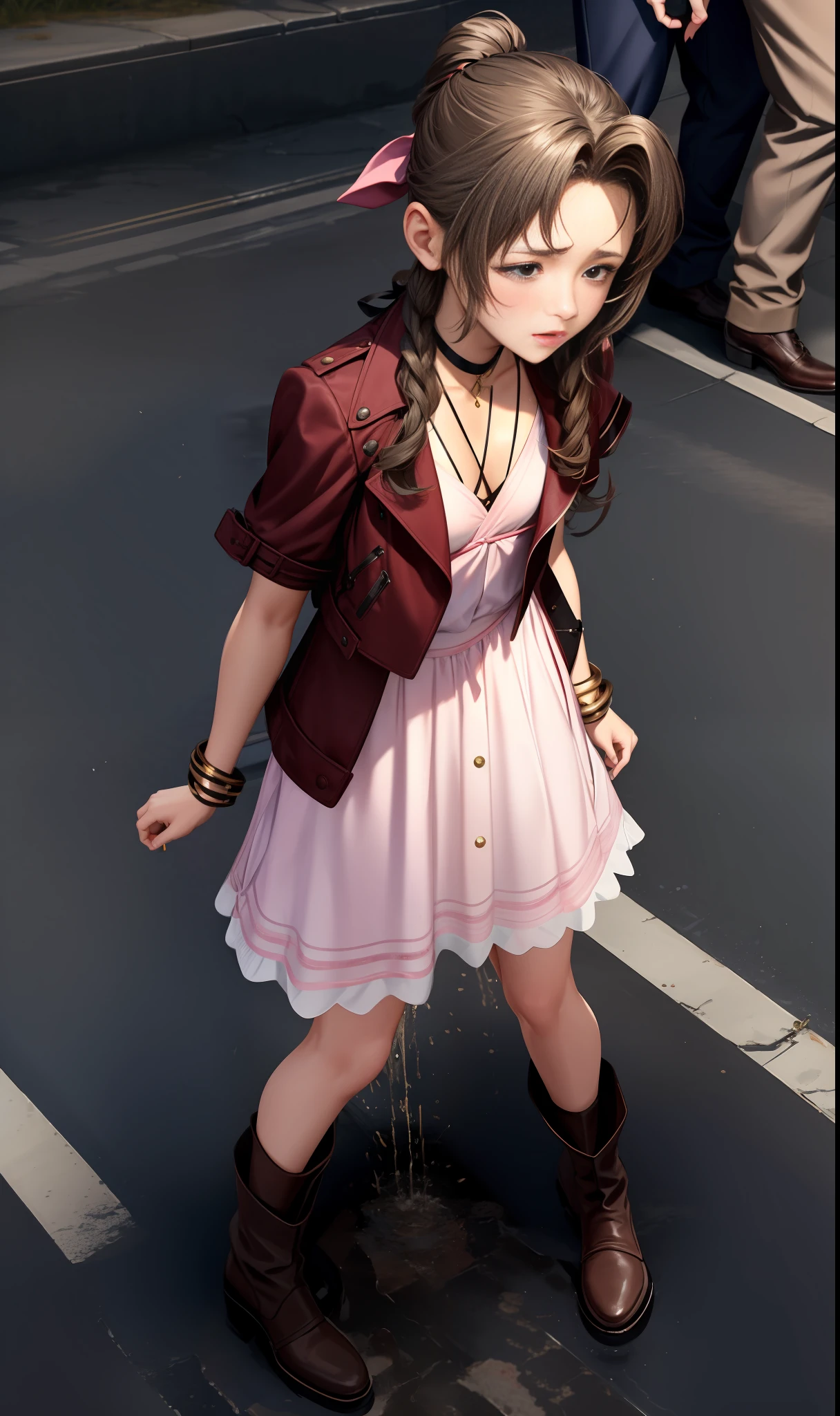 CG, perfect atwork, perfect female figure, Aerith Gainsboroug, holding small flower basket, peeing herself, peeing down her legs, green eyes, surrounded by other people, standing in very busy midgar city street, sunny, choker, cropped jacket, hair bow, bracelet, pink dress, brown ankle boots, looking down nervously, shy, embarrassed aroused and shocked, outdoors, standing legs crossed, a small puddle of her own urine is forming around her feet on the dry ground, very desperate to pee, peeing, wetting herself, urination, streaming tears, scared, despair, panicking, high detail, Realism, Hyperrealism, masterpiece, highres, UHD, anatomically correct, high quality, super detail, high details, best quality, highres, award winning, 8k, textured skin