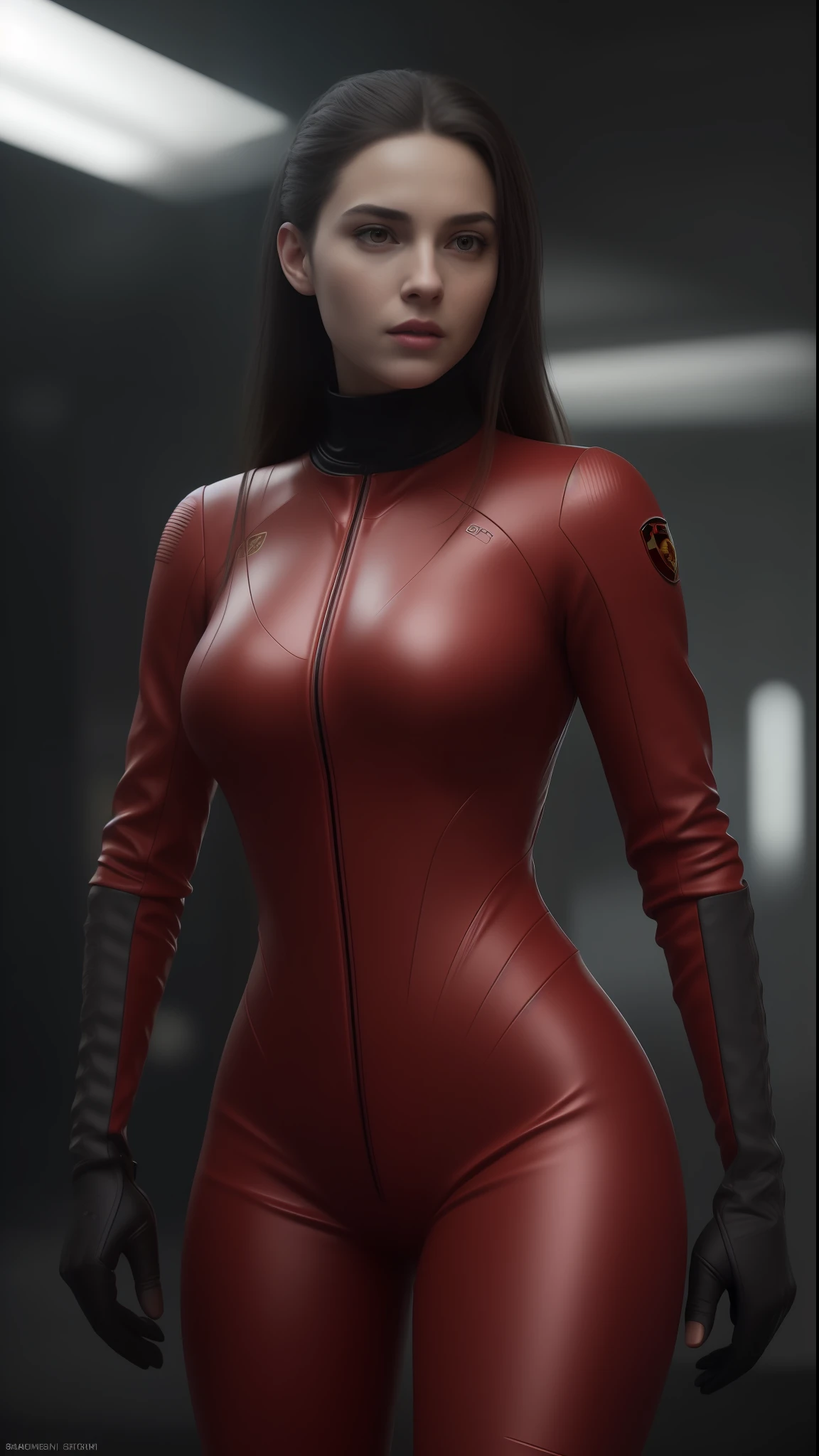 .(Futuristic spanish young woman, in a red Porsche suit) by gesaffelstein, action pose, epic scene, lots of fine detail, movie style, photography, natural textures, natural light, natural blur, photorealism, cinematic rendering, ray tracing, highest quality, highest detail, Cinematic, Blur Effect, Long Exposure, 8K, Ultra-HD, Natural Lighting, Moody Lighting, Cinematic Lighting, hyper-realistic, vibrant, 8k, detailed, ultra detail,