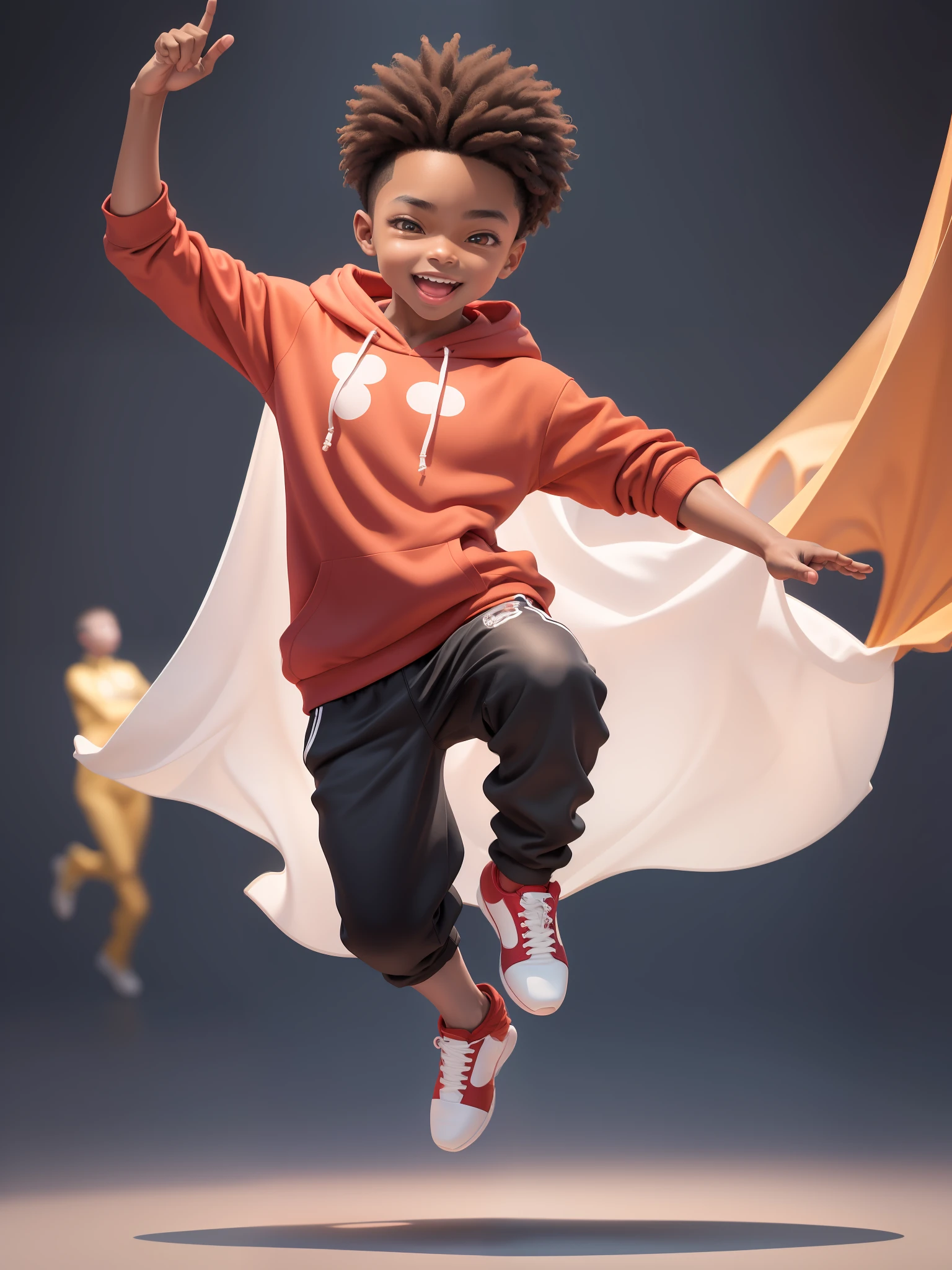 (masterpiece),(best quality),(ultra-detailed), (full body:1.2), a young boy ,chibi,cute, smile, open mouth, a young boy in a red hoodie and black pants is dancing, frantic dancing pose, in an action pose, dynamic dancing pose, handsome hip hop young black man, he is dancing, classic dancer striking a pose, dynamic moving pose, jumping towards viewer, leaping towards viewer, playful pose of a dancer, an artistic pose, young boy standing in defensive pose, dynamic action shot (beautiful detailed face), (beautiful detailed eyes),