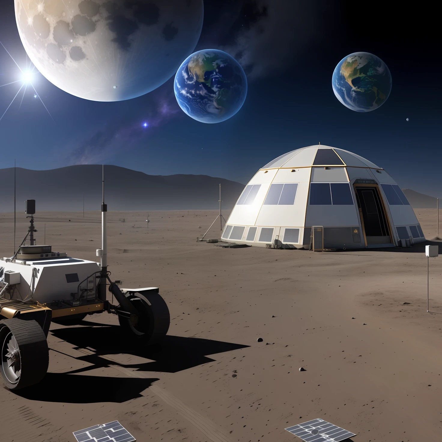 Studio background is cosmic earth, photovoltaic panels, lunar rover, lunar surface, 3D realistic