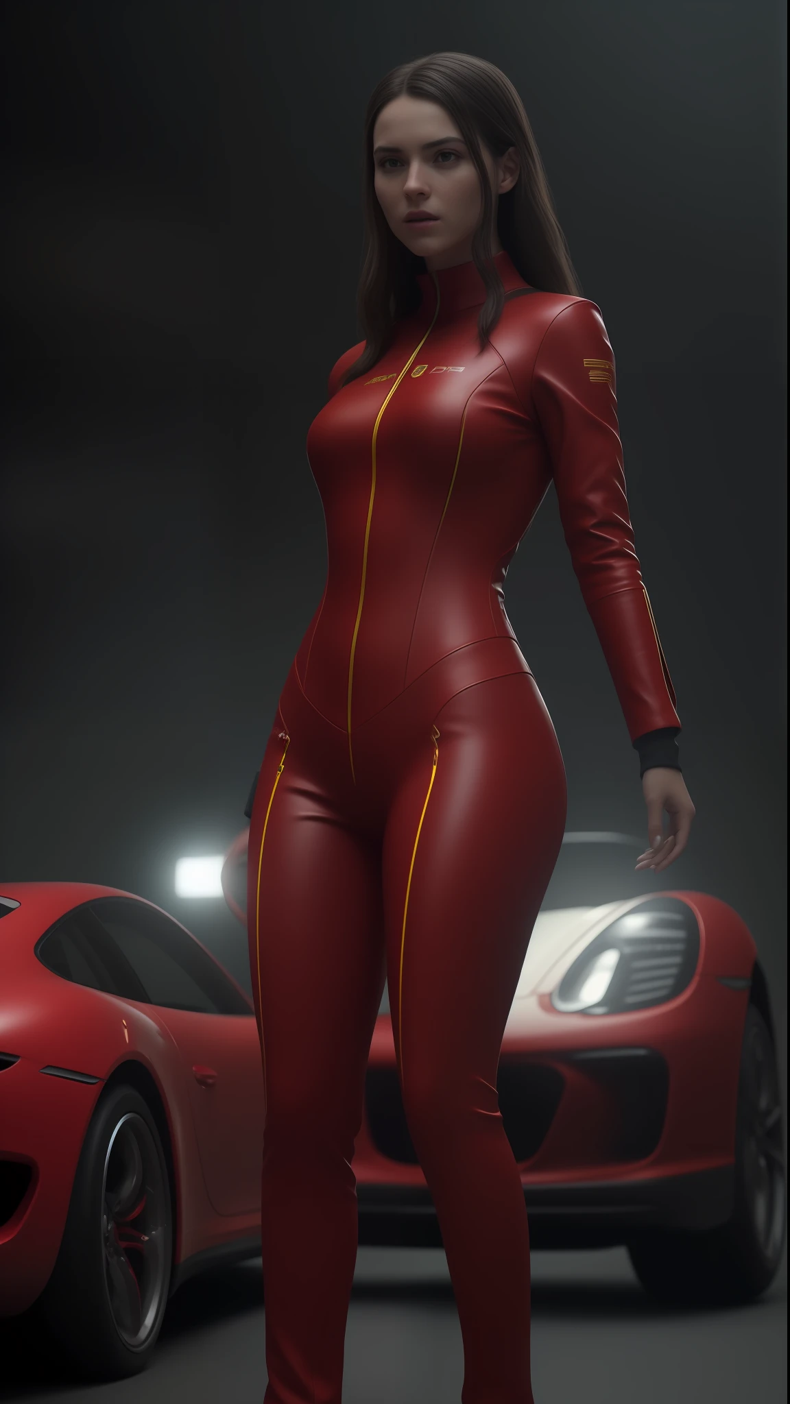 .(Futuristic spanish young woman, in a red Porsche suit) by gesaffelstein, action pose, epic scene, lots of fine detail, movie style, photography, natural textures, natural light, natural blur, photorealism, cinematic rendering, ray tracing, highest quality, highest detail, Cinematic, Blur Effect, Long Exposure, 8K, Ultra-HD, Natural Lighting, Moody Lighting, Cinematic Lighting, hyper-realistic, vibrant, 8k, detailed, ultra detail,