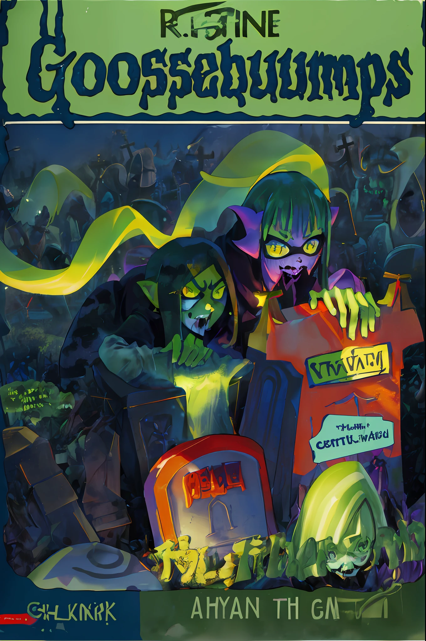 GoosebumpsBookCover attack of the graveyard ghouls,Inkling,splatoon,inkling,detailed,graveyard ghouls as inklings,a hand coming out of the ground,reaching out for you,with torn up clothes, wrinkly green skin,in the splatsville graveyard,walking towards inkpolis,with inklings boys and girls raising up from their gravestones with hands sticking out of the tombstone,