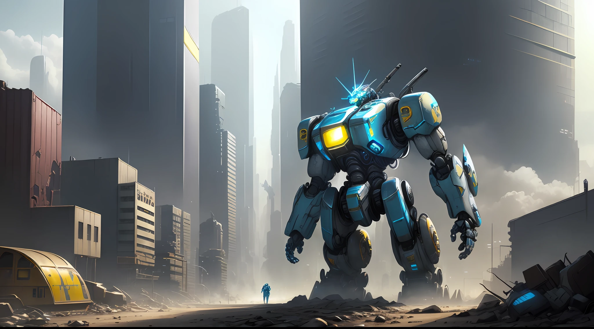 robo,mecha,blue,yellow,silver chromium,postapocalyptic city,