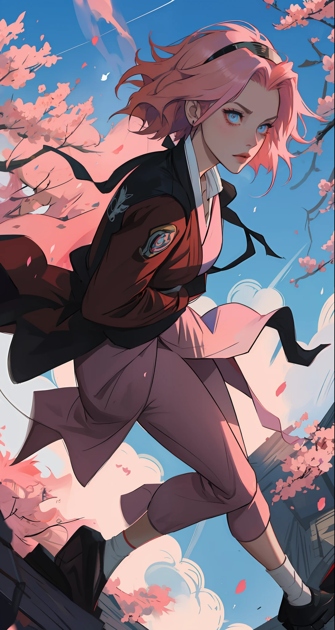 Sakura haruno, seductive, ((forehead the show)), attractive, sexy eyes, red coat with akatsuki clouds, pink hair, delicate, young, short hair, detailed face, high definition, full body, from League of Legends, trend in artstation, by rhads, andreas rocha, rossdraws, makoto shinkai, laurie greasley, lois van baarle, ilya kuvshinov and greg rutkowski