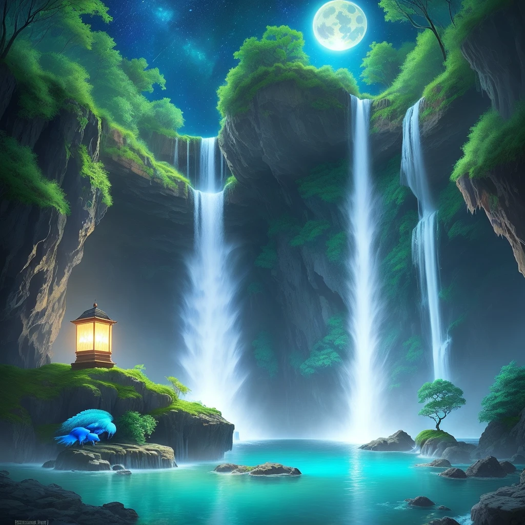 Beautiful waterfall with natural pool of crystal clear blue waters, on a beautiful night with many stars and a full moon, illuminating the environment, 2 beautiful blue and green romantic peacocks featured in the image with long tails, scenery with many vibrant blue orchids, high resolution image, Fantasy Art