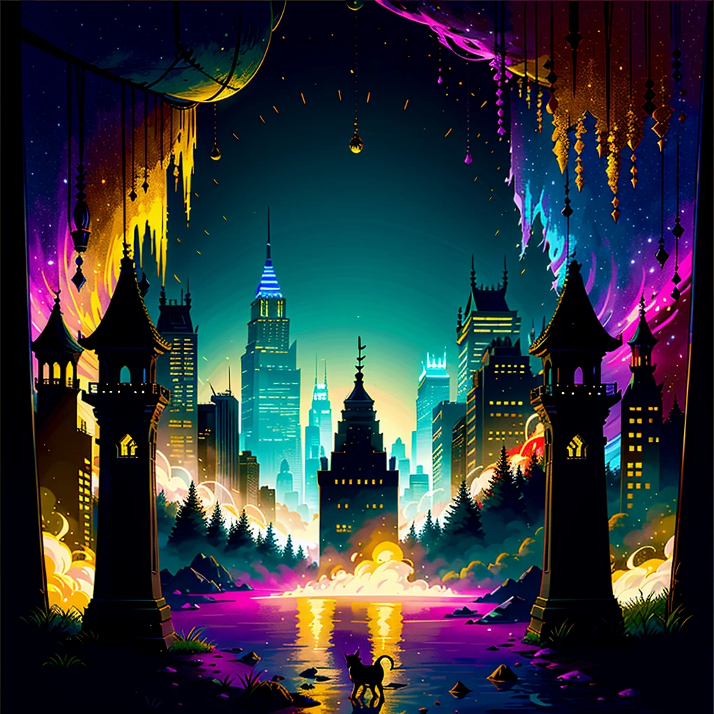 Undertale's Universe in New York, A vibrant collision of two worlds. The streets of New York are bustling with life as the inhabitants go about their daily routines in this urban jungle. Yet amidst the chaos, there is an unusual calmness, punctuated only by the sound of footsteps and distant chatter. Suddenly, the air shimmers, and a portal appears. From the other side, emerge surreal, fairytale-like characters - a whimsical and colorful band of skeletons, goats, and monsters. Their eyes light up as they take in their surroundings, and they joyfully join in with the energy and excitement of the city. Above them, on the glowing skyline, towers the dark and menacing castle of the game's villain - a constant reminder of the looming threat and danger. All is cast in an eerie, ethereal light - a mix of the neon lights of the city and the magical aura of Undertale's world. The atmosphere is palpably electric, a whimsical and intriguing world colliding with the gritty realism of New York