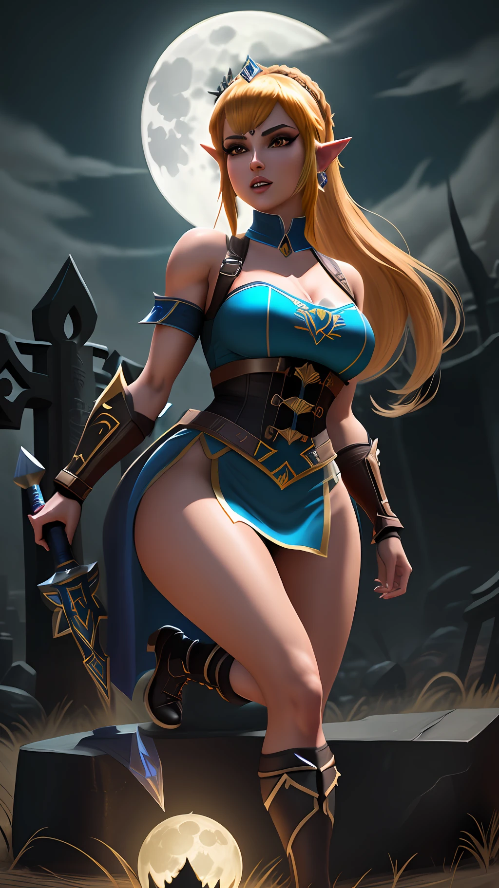 Very detailed 64k resolution, Unreal Engine 5, Mortal Kombat style, Cartoon style, Princess Zelda as Scorpion, in a macabre graveyard with a full moon.