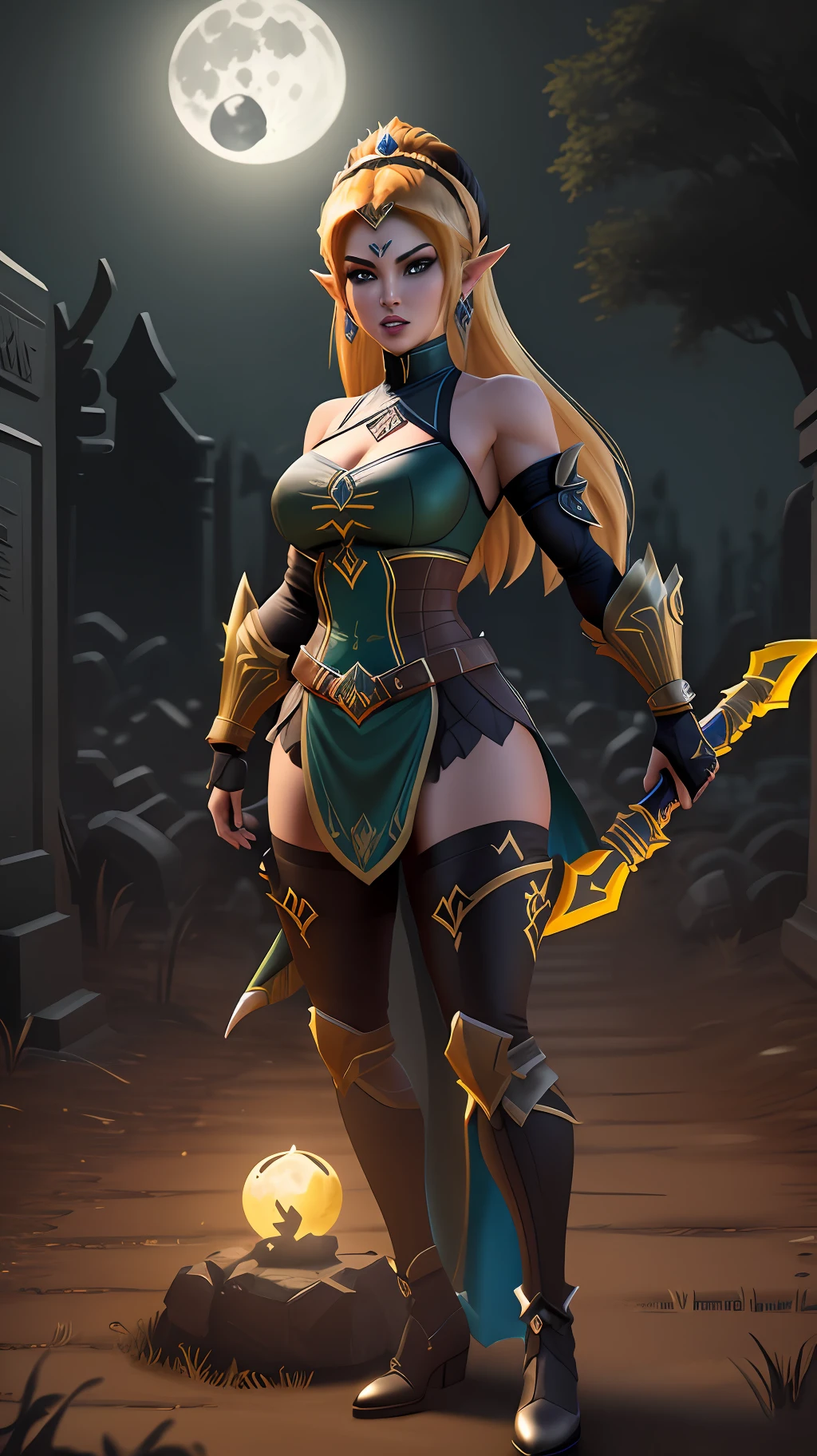 Very detailed 64k resolution, Unreal Engine 5, Mortal Kombat Scorpion style, Cartoon style, Princess Zelda as Scorpion, in a macabre graveyard with full moon.