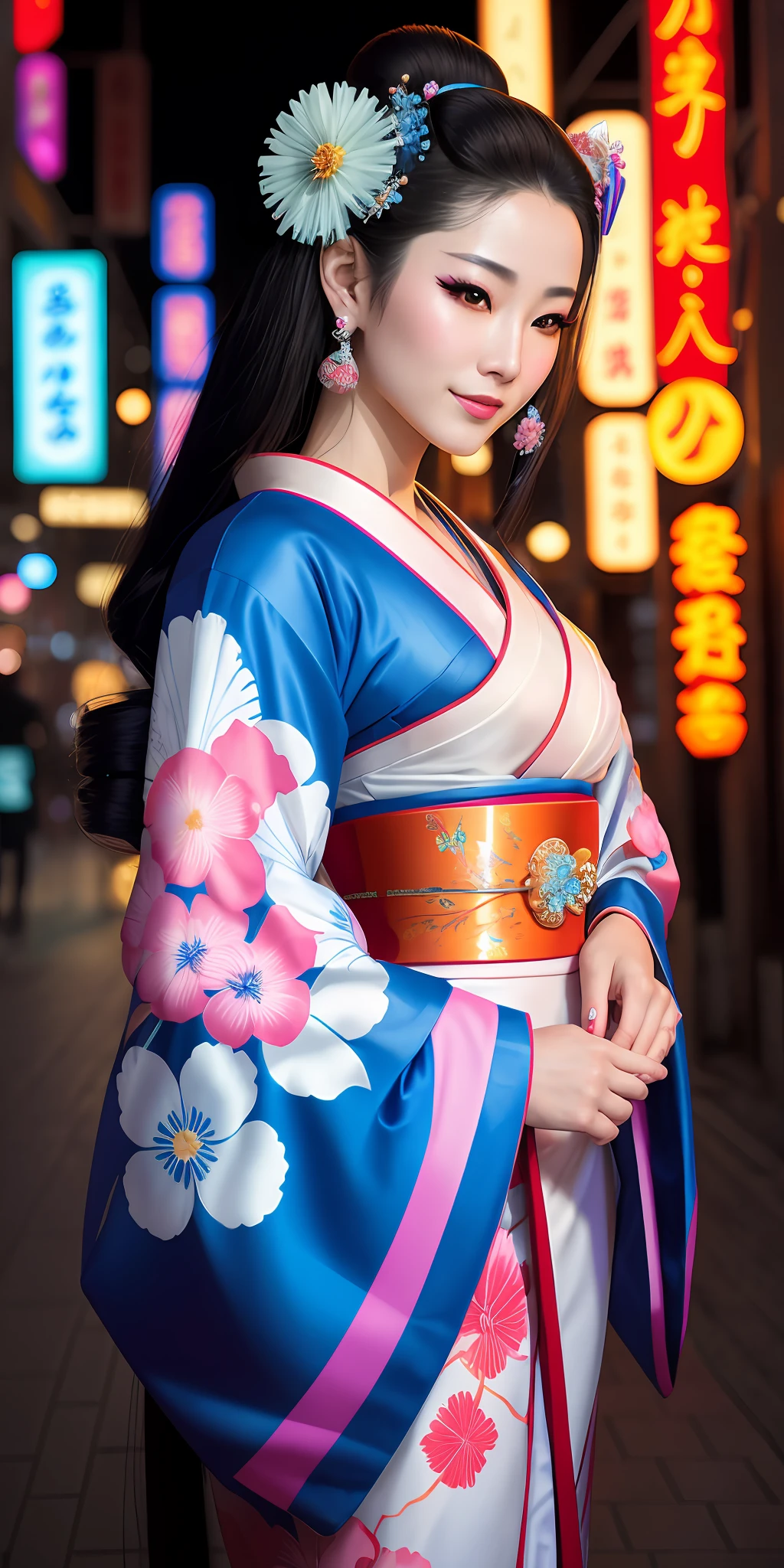 Beautiful young and sweet queen of cyberpunk geisha, woman, hot, sensual goddess, with flowing hair, hyper realistic, masterpiece, photorealistic, wearing short blue and white kimono neckline with neon flowers drawn, holding bright neon flowers, wearing rings and bracelets with jewels, smiling and walking in cyberpunk Japan.