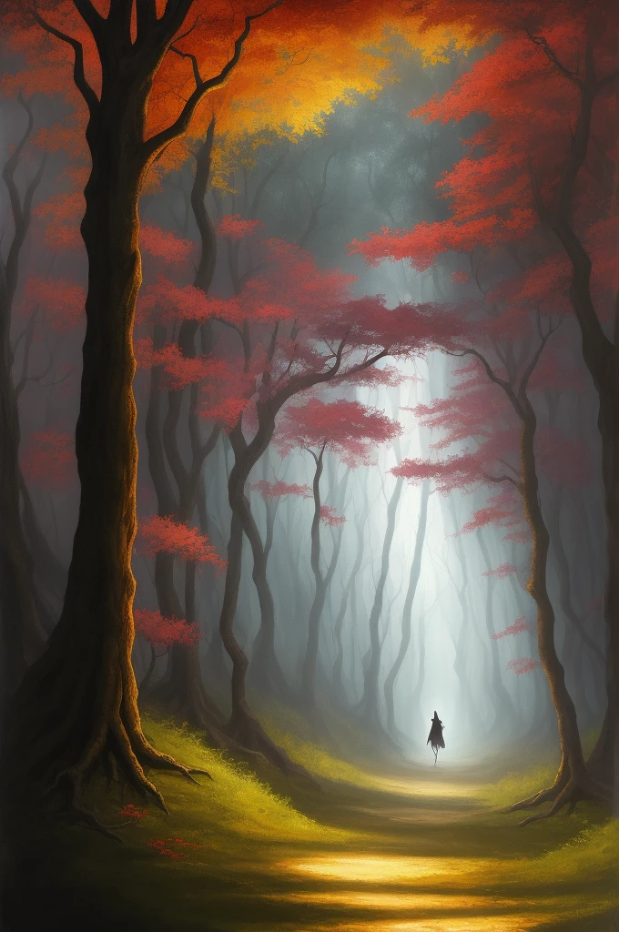 The dark and macabre forest rose under the moonless night. Gnarled trees formed a blackened web, while the charged and damp air enveloped the brave intruders. Shadows danced around, bright eyes peered in the dark. A ghostly mist enveloped the room, echoing the wails of the lost spirits. The forest was a cursed place where nightmares came true and few returned.
