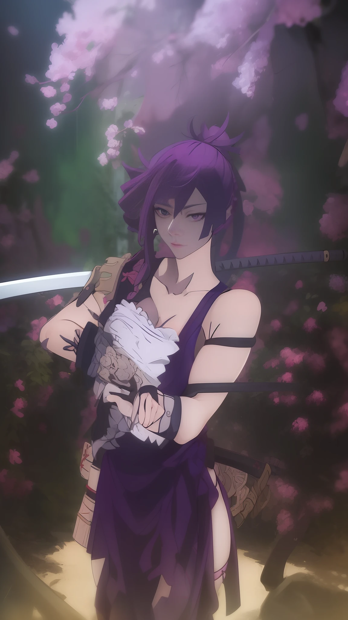anime girl with purple hair holding a sword in front of a bush, holding a sword on her shoulder, she is holding a katana sword, misato katsuragi, fox nobushi holding a naginata, today's featured anime still, she is holding a sword, anime still image, in the anime film, shalltear from overlord