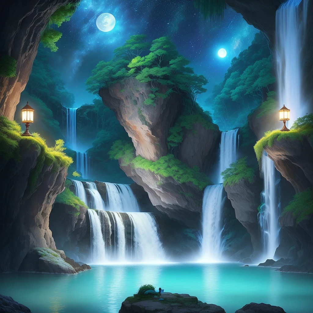 Beautiful waterfall with natural pool of crystal clear blue waters, on a beautiful night with many stars in the sky and a full moon, illuminating the environment, "2 beautiful blue and green big romantic peacocks highlighted" in the image with long tails, scenery with many vibrant blue cattle orchids, high resolution image, Fantasy Art realistic scenery!