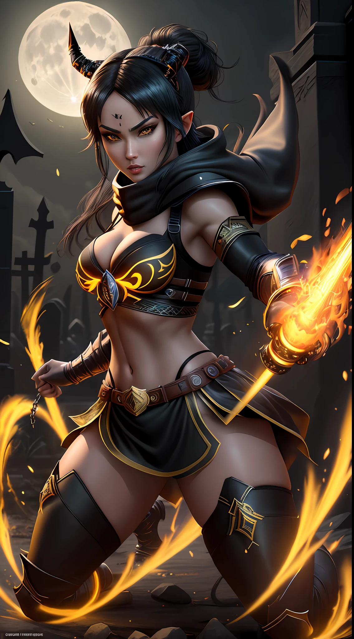 Very detailed 64k resolution, Unreal Engine 5, Mortal Kombat Scorpion style, Cartoon style, full-body half-shot image of Princess Zelda cosplaying the Scorpion, ninja hood and mask, black hair, yellow eyes, holding a katana attached with a chain, looking at the viewer, emanating an aura of fire around the body,  in a macabre cemetery at night with a full moon.