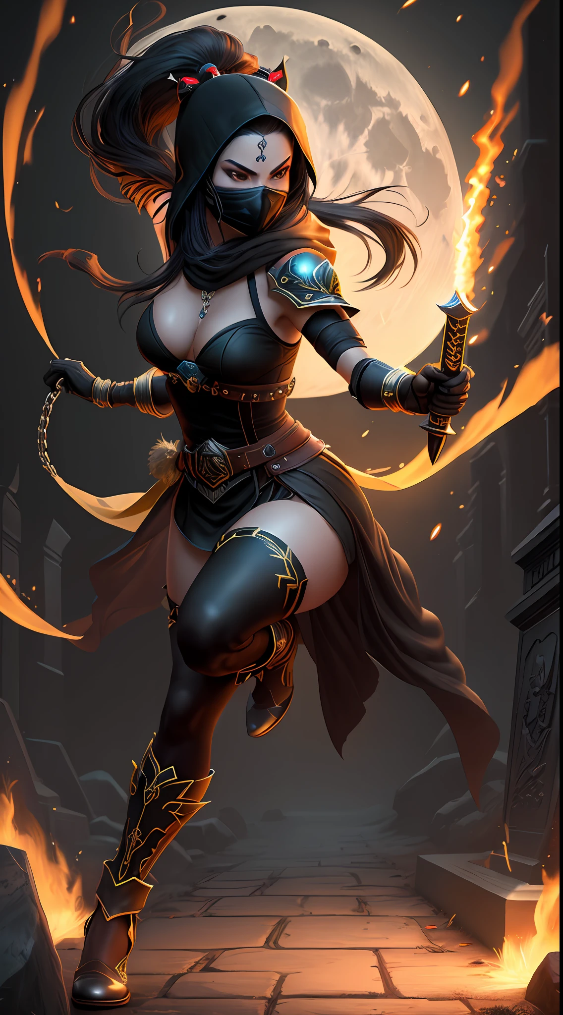 Very detailed 64k resolution, Unreal Engine 5, Mortal Kombat Scorpion style, Cartoon style, full-body half-shot image of Princess Zelda cosplaying the Scorpion, ninja hood and mask, black hair, yellow eyes, holding a katana attached with a chain, looking at the viewer, emanating an aura of fire around the body, in a macabre cemetery at night with a full moon.
