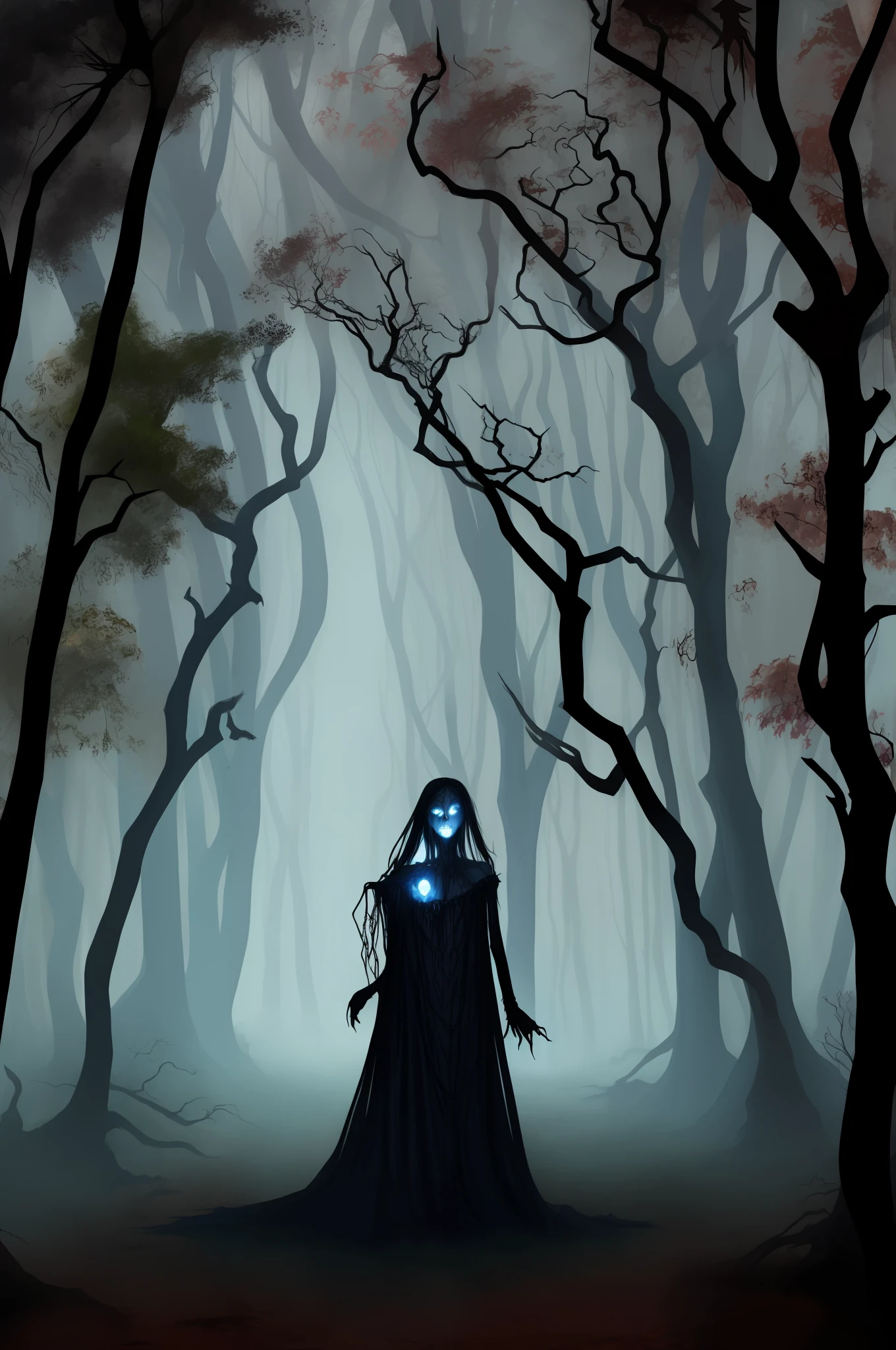 The dark and macabre forest rose under the moonless night. Gnarled trees formed a blackened web, while the charged and damp air enveloped the brave intruders. Shadows danced around, bright eyes peered in the dark. A ghostly mist enveloped the room, echoing the wails of the lost spirits. The forest was a cursed place where nightmares came true and few returned.