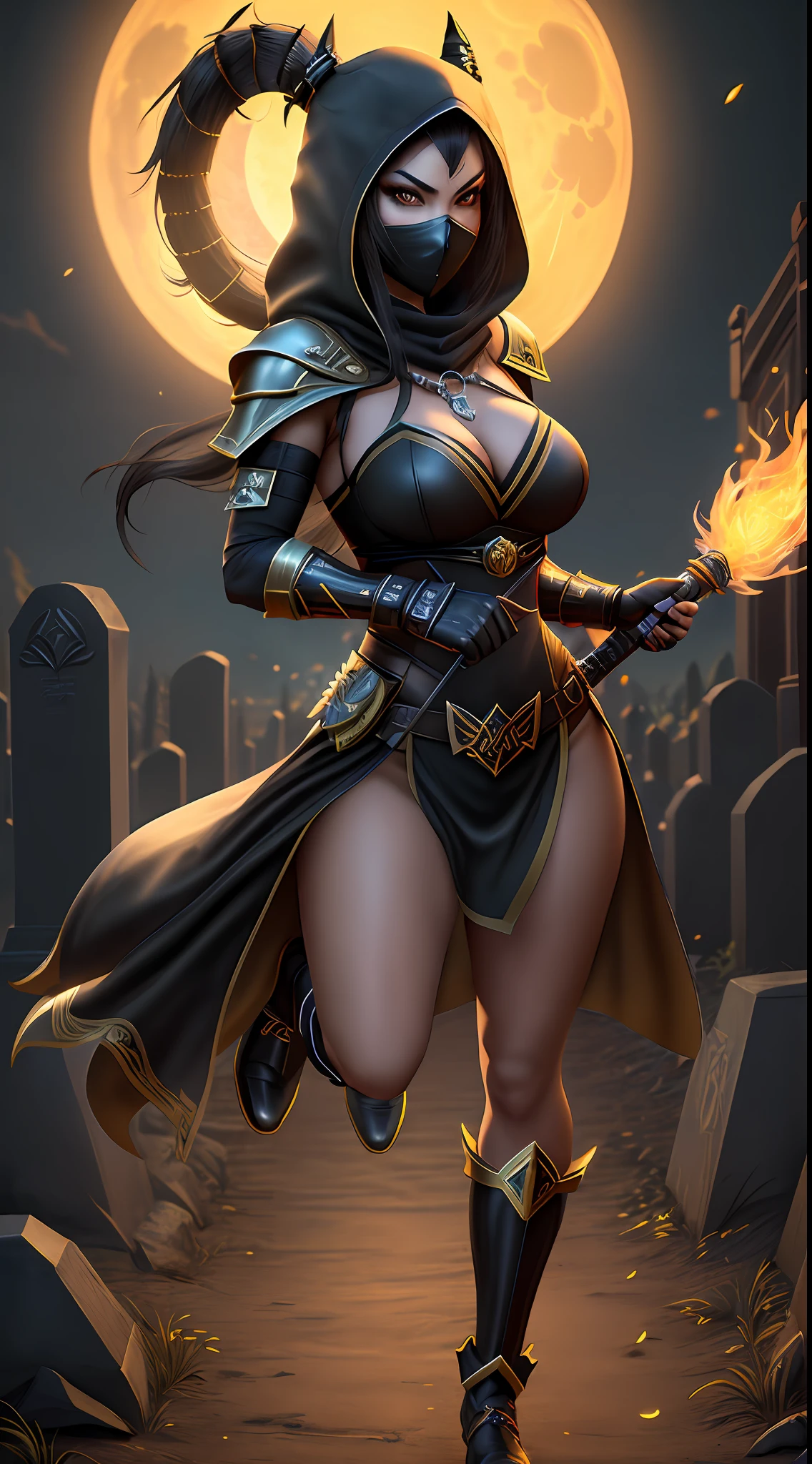 Very detailed 64k resolution, Unreal Engine 5, Mortal Kombat Scorpion style, Cartoon style, full-body half-shot image of Princess Zelda cosplaying the Scorpion, ninja hood and mask, black hair, yellow eyes, holding a katana attached with a chain, looking at the viewer, emanating an aura of fire around the body, in a macabre cemetery at night with a full moon.