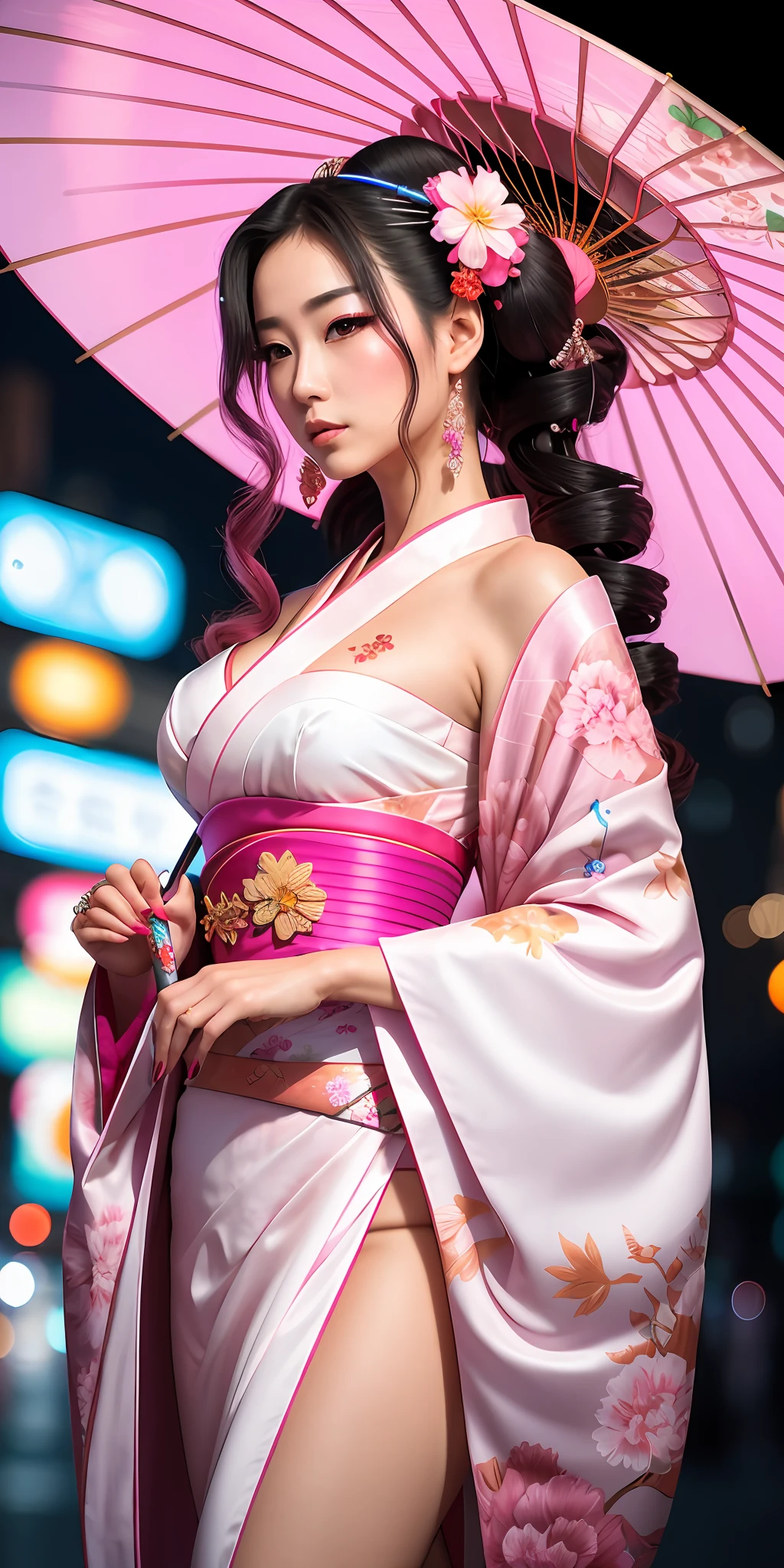 Beautiful young and sweet queen of cyberpunk geisha, woman, hot, sensual goddess, with flowing hair, hyper realistic, masterpiece, wearing short pink and white kimono neckline with neon flowers drawn, holding a Japanese umbrella (wagasa) of bright neon (inside), wearing rings and bracelets with jewels, walking in cyberpunk Japan.