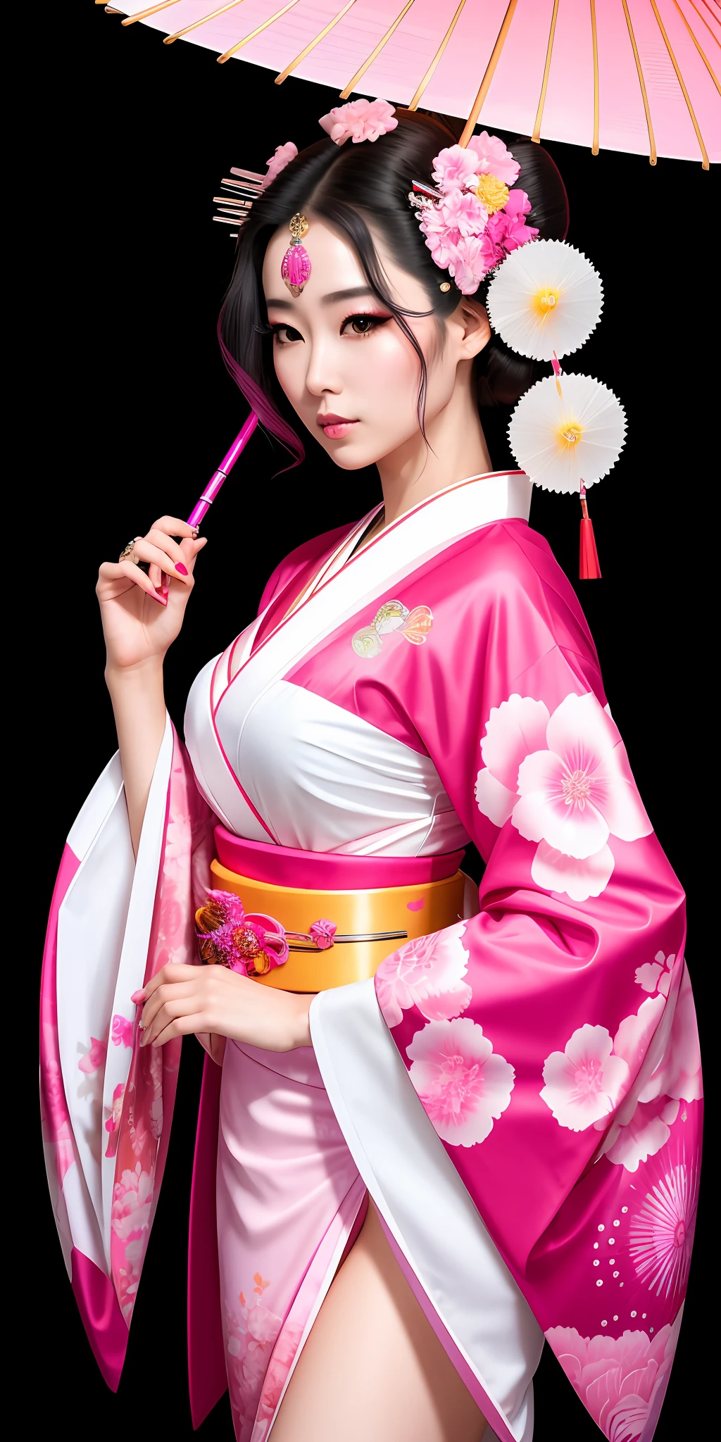 Beautiful young and sweet queen of cyberpunk geisha, woman, hot, sensual goddess, with flowing hair, hyper realistic, masterpiece, wearing short pink and white kimono neckline with neon flowers drawn, holding a Japanese umbrella (wagasa) of bright neon (inside), wearing rings and bracelets with jewels, walking in cyberpunk Japan.