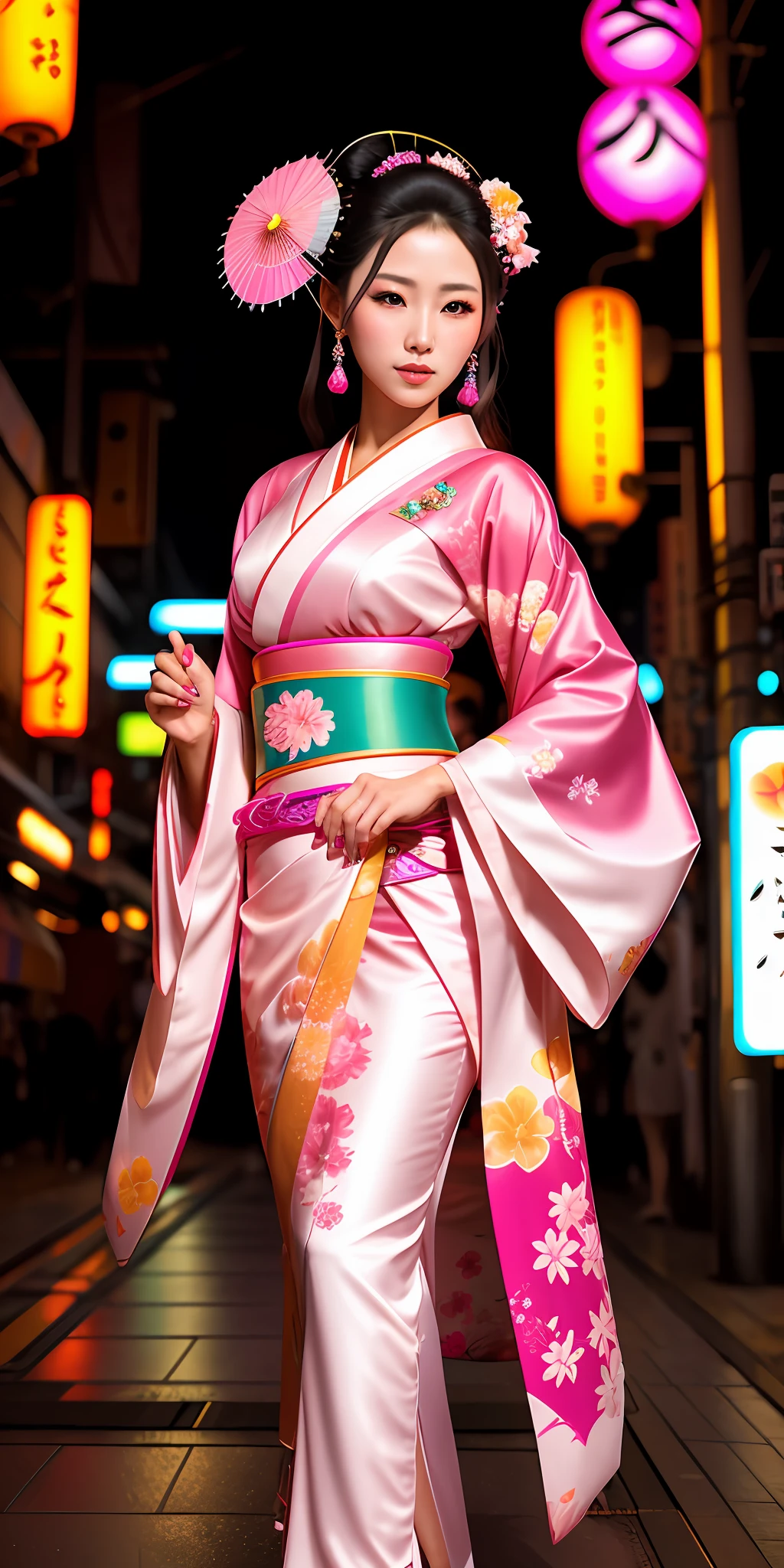 Beautiful young and sweet queen of cyberpunk geisha, woman, hot, sensual goddess, with flowing hair, hyper realistic, masterpiece, wearing short pink and white kimono neckline with neon flowers drawn, holding a Japanese umbrella (wagasa) of bright neon (inside), wearing rings and bracelets with jewels, walking in cyberpunk Japan.